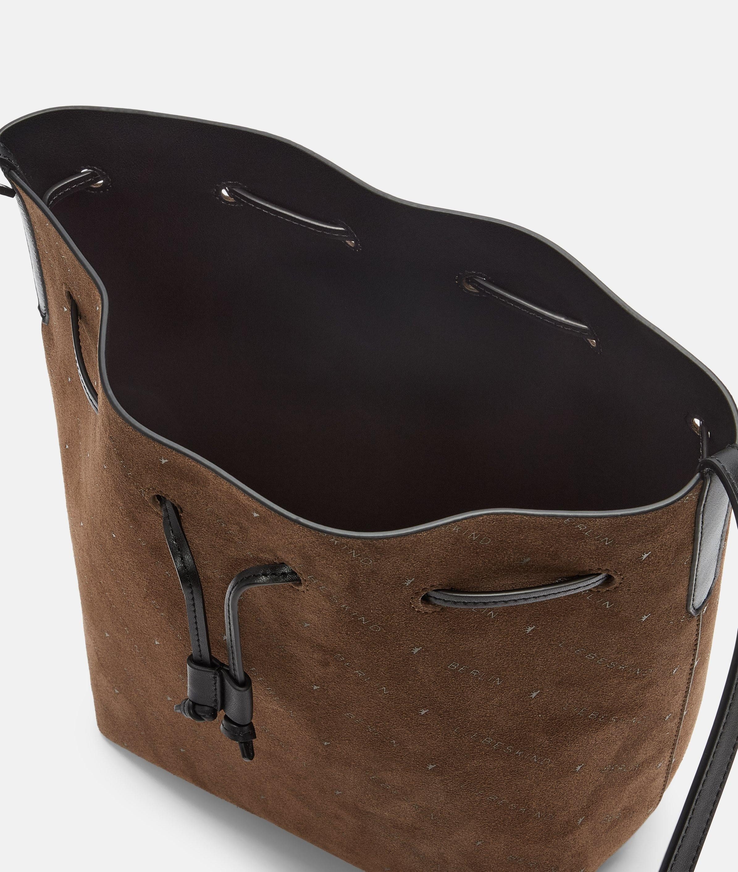 Liebeskind Berlin Schultertasche Monogram Bucketbag M, Umhängetasche aus Veloursleder mit Liebeskind Berlin Schriftzug
