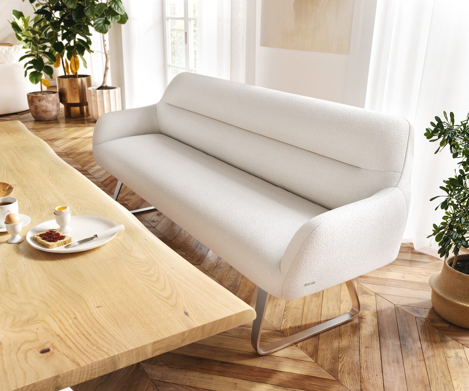 DELIFE Essbank Taya-Flex, 200 cm Kufengestell flach Edelstahl Bouclé Creme-Weiß Taschenfederkern