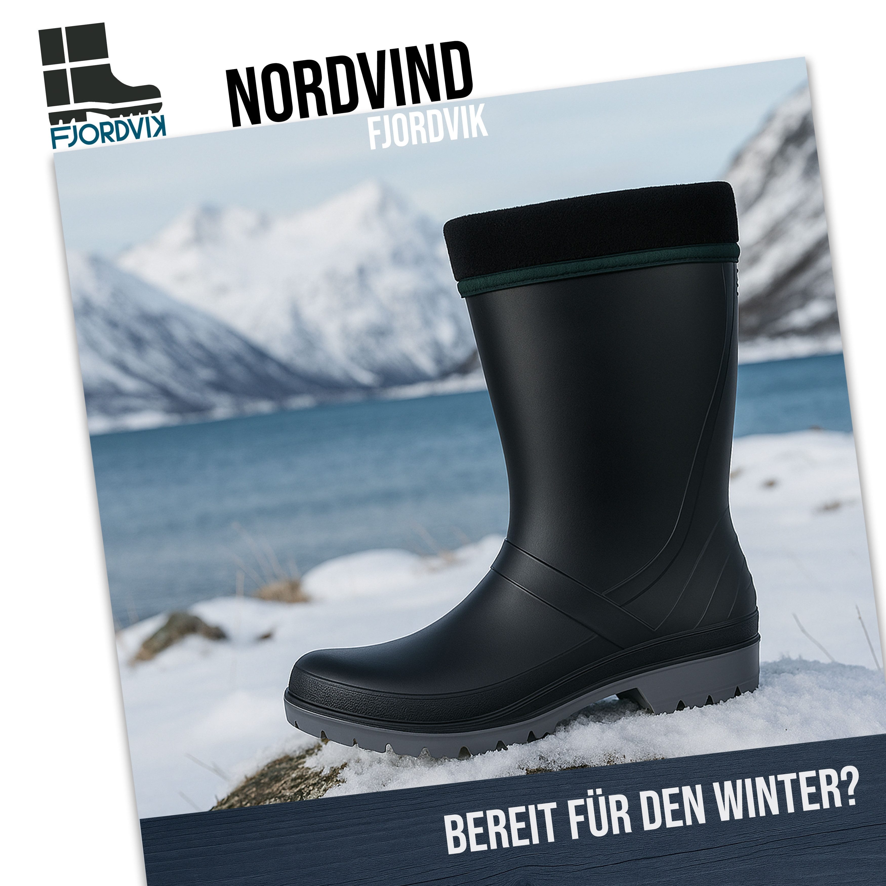 Fjordvik Herren PVC-Thermostiefel mit herausnehmbarem Winterfutter – Schwarz Gummistiefel (Isolierende Winterboots mit Fleecefutter für Hof und Spaziergang) Pflegeleichtes Material lässt sich schnell und sauber abspülen