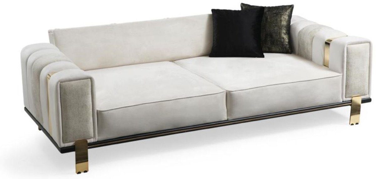 Casa Padrino Sofa Luxus Wohnzimmer Sofa mit verstellbarer Rückenlehne Weiß / Grau / Gold 223 x 93 x H. 76 cm - Wohnzimmer Möbel - Luxus Möbel