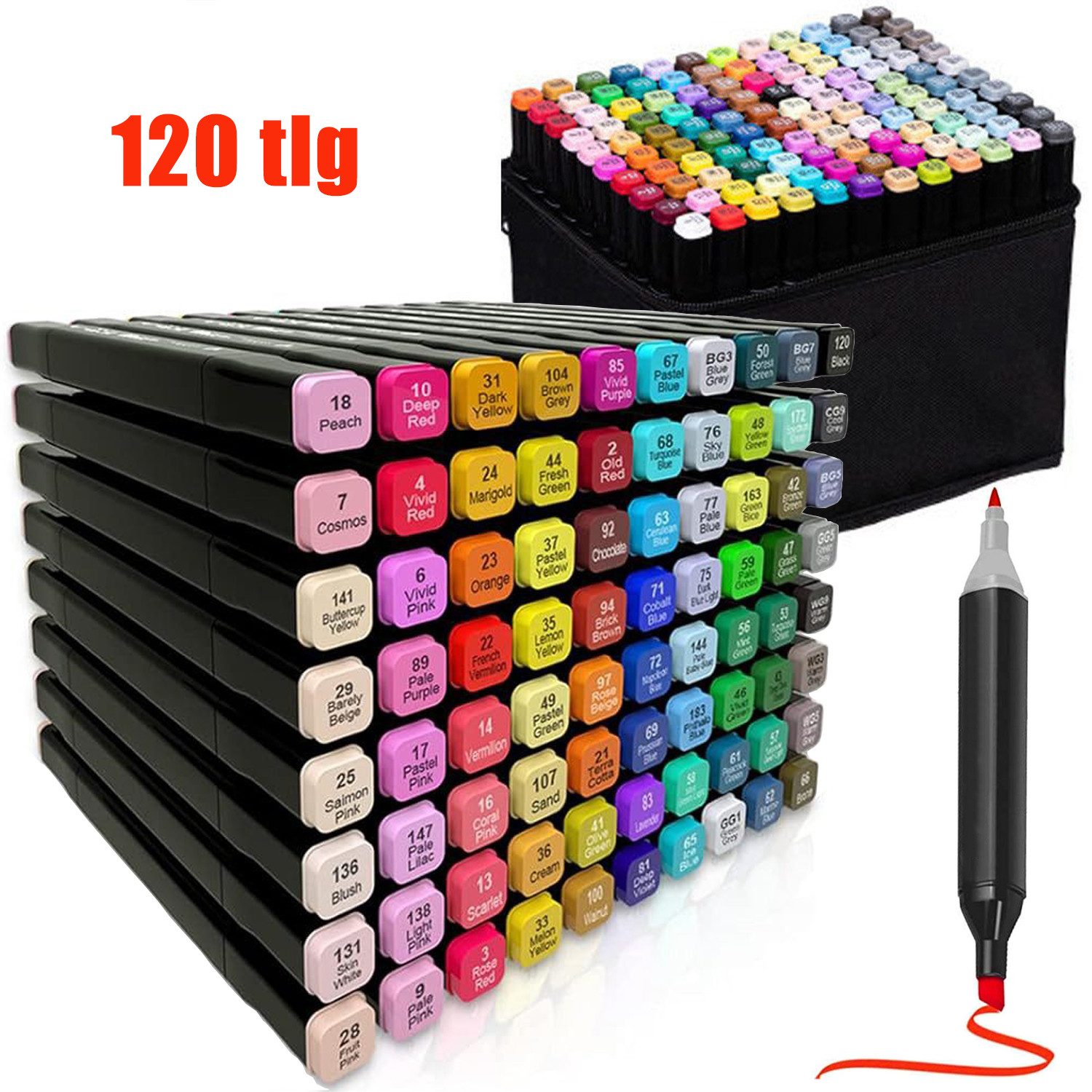 MOPUEA Filzstift 120 Farben Filzstifte Set Dual Pen Twin Marker Stifte Brush Pen, (120-tlg), Langlebige Farben für kraftvolles Malen