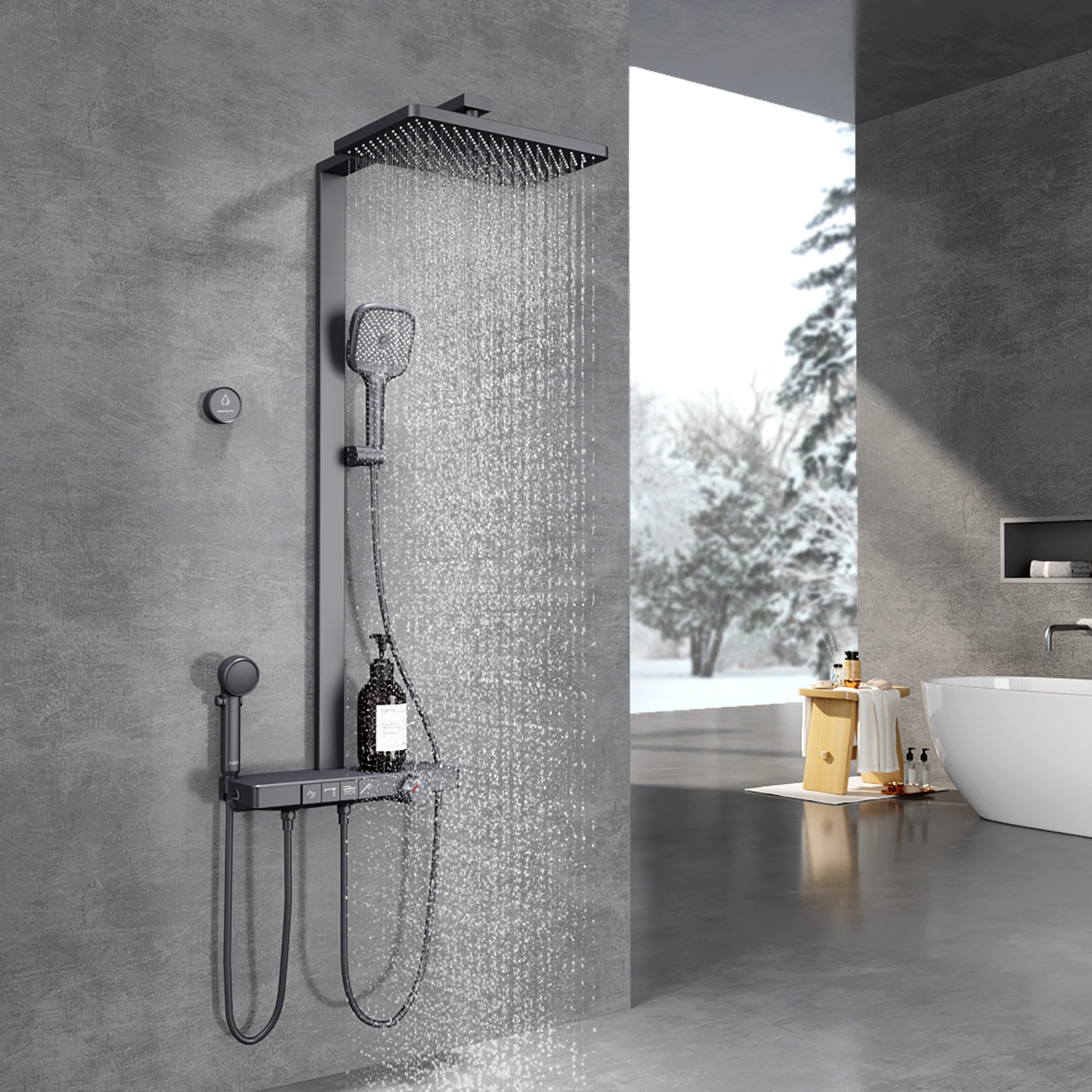 EMKE Duschsystem Duschsäule mit Thermostat und Bluetooth-Steuerung, modernes Design, Höhe 113 cm, 4 Strahlart(en), Regendusche,Kinderdusche,Bluetooth,Anthrazit Matt