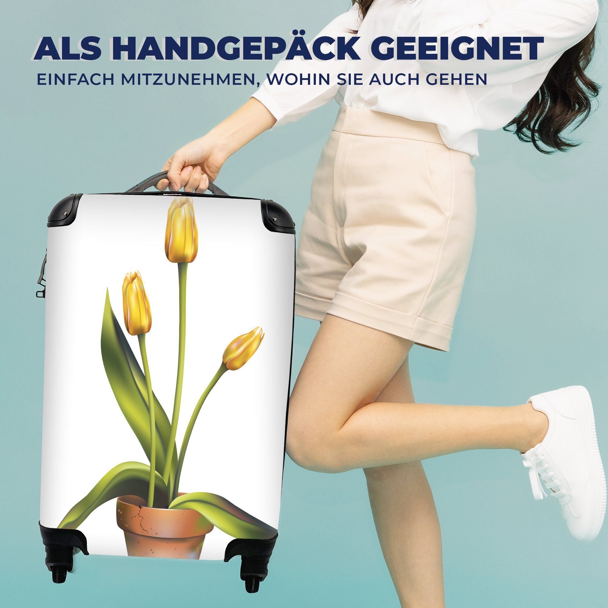 Handgepäck Ferien, von Handgepäckkoffer 4 MuchoWow drei mit Reisetasche Tulpen in für rollen, Reisekoffer Tontopf, Illustration Eine Trolley, gelben einem Rollen,