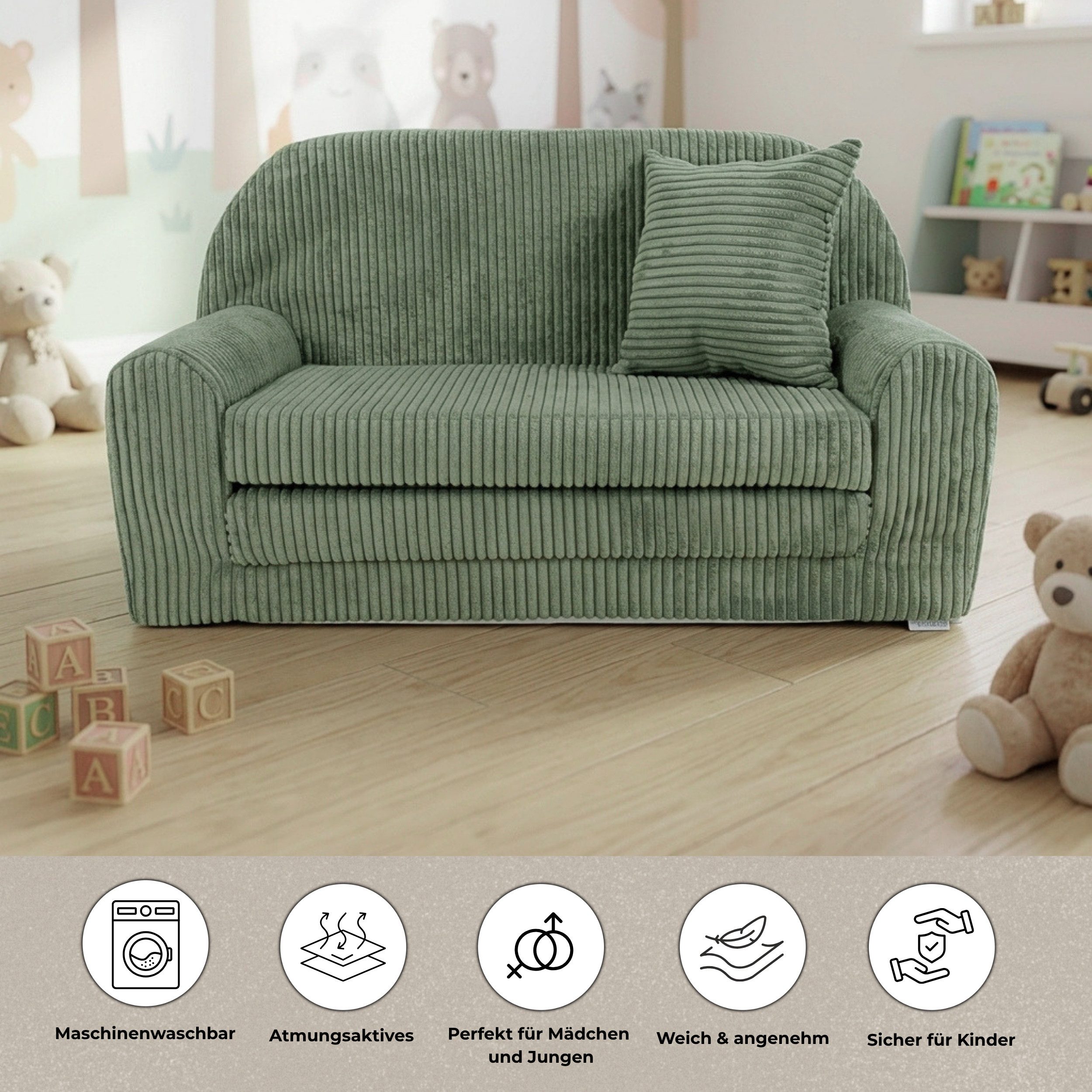 FORTISLINE Kindersofa Mini-Sofa Rosalia aus Cord – Komfort, Stil und Sicherheit für Ihr Kind, zusammenklappbar, waschbarer Bezug, keine Montage erforderlich – Bild 5 von 5