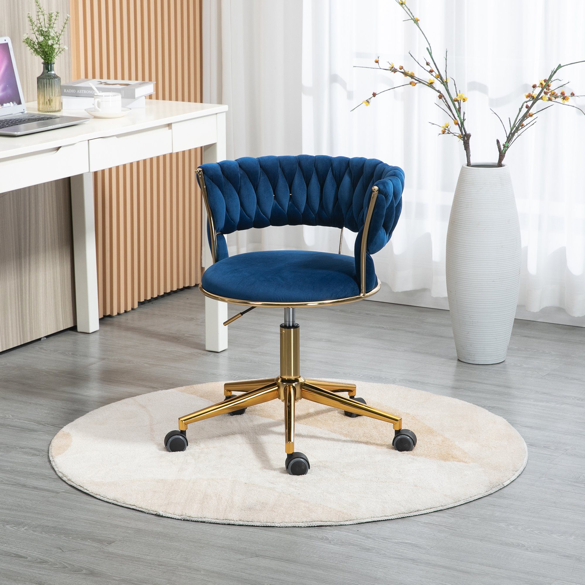 Odikalo Drehstuhl Bürostuhl Freizeit mehrfarbig Blau Beine 360° drehbar Make-up Samt goldene
