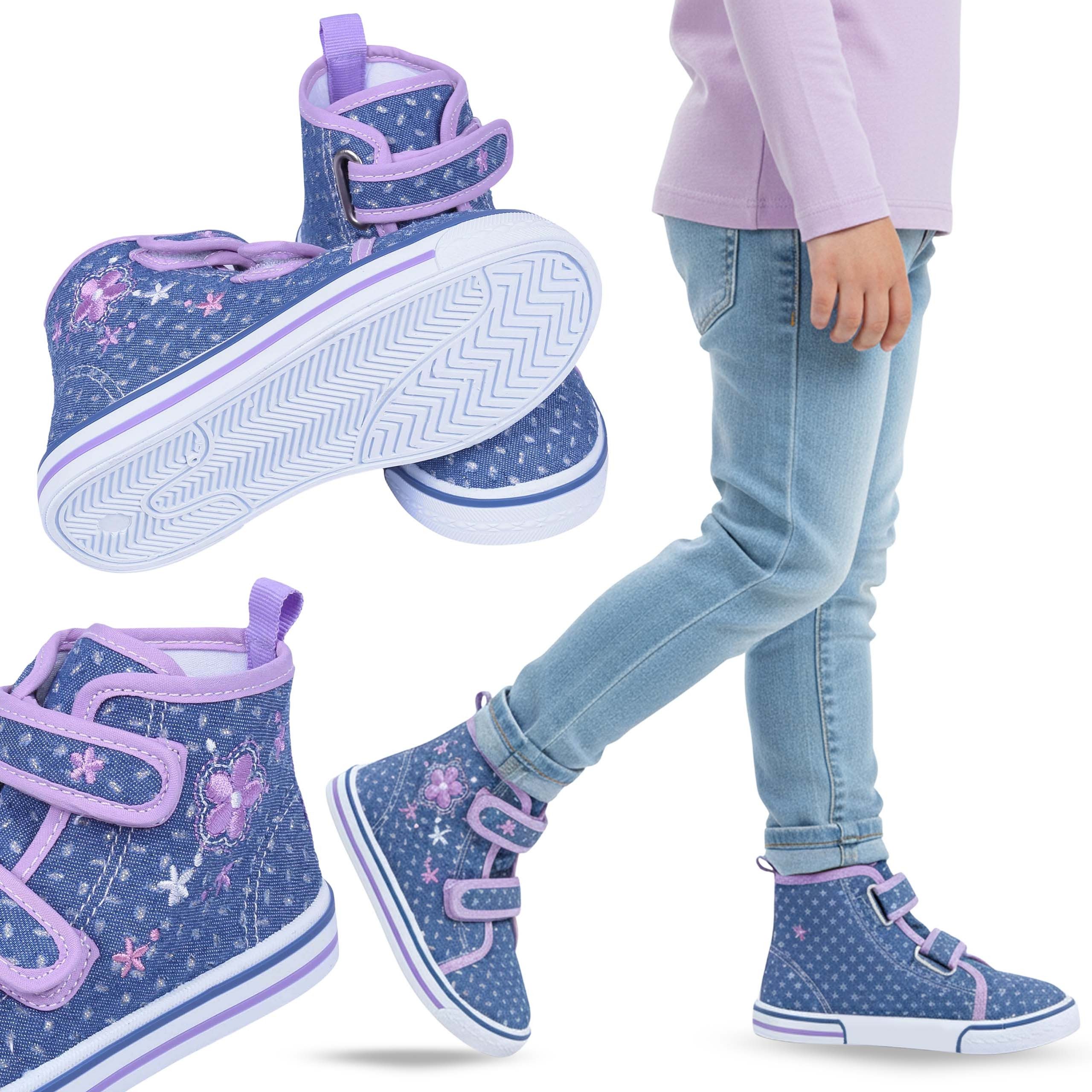 Sarcia.eu Sportschuhe für Mädchen, hohe Jeans-Sneakers mit Stickerei und Klett Hallenschuh