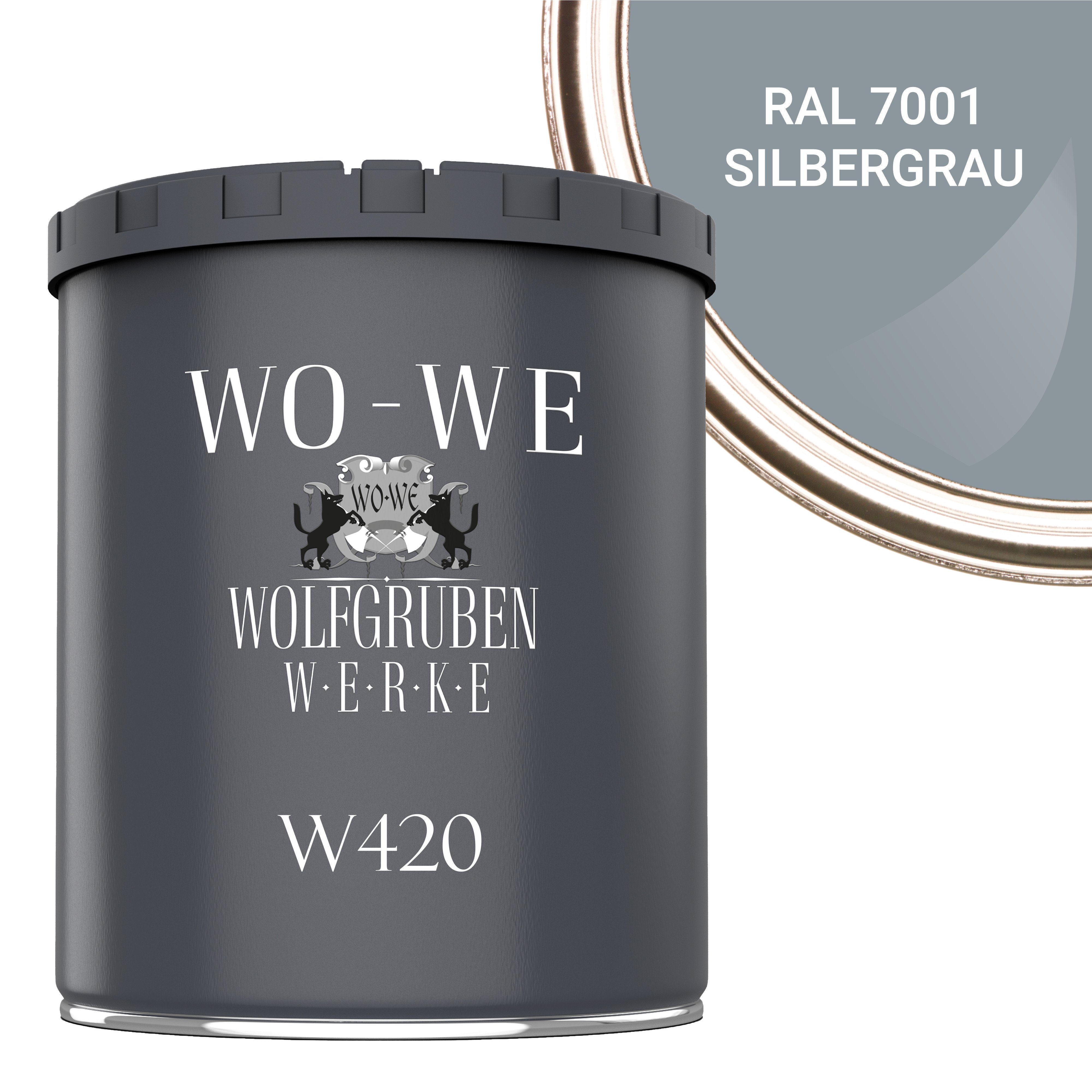 WO-WE Holzlack Holzfarbe Seidenglänzend, 1-10L, Holzanstrich Wetterschutzfarbe 7001 RAL Wasserbasis W420, Silbergrau
