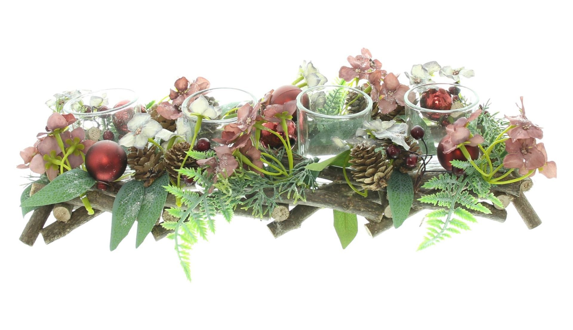 Dekoleidenschaft Teelichthalter "Winterblüte" Lichterboard 4 Windlichter, Kerzenständer Weihnachtsdeko, Teelichthalter 36 cm lang, Weihnachtskranz / Adventskranz Alternative
