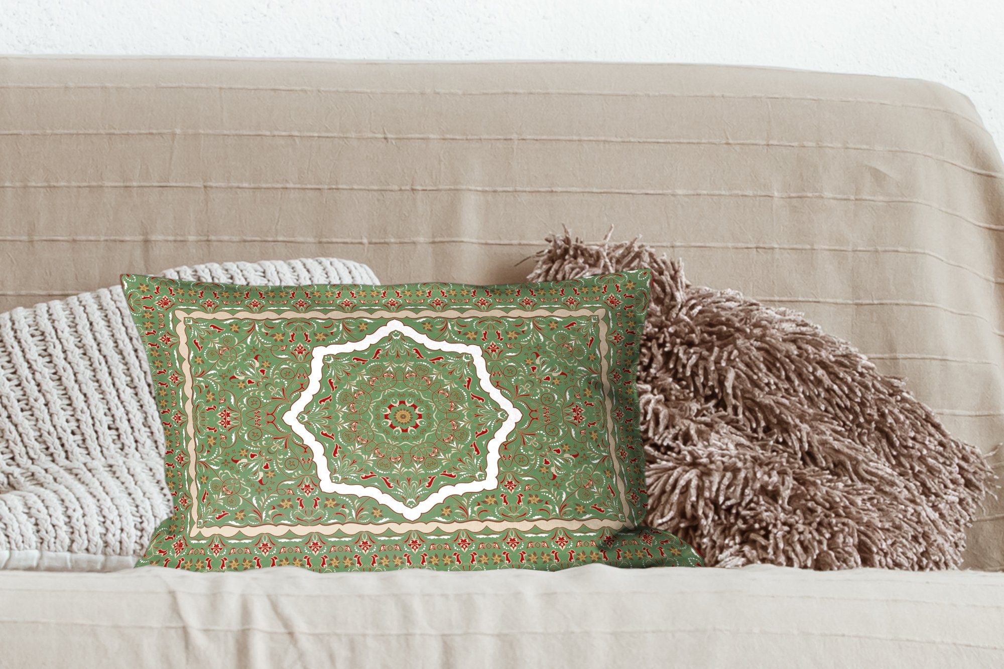 Mandala Grün, Zierkissen, - Füllung, - Wohzimmer MuchoWow - Persische Dekokissen Dekokissen Schlafzimmer Dekoration, mit Teppiche Teppiche