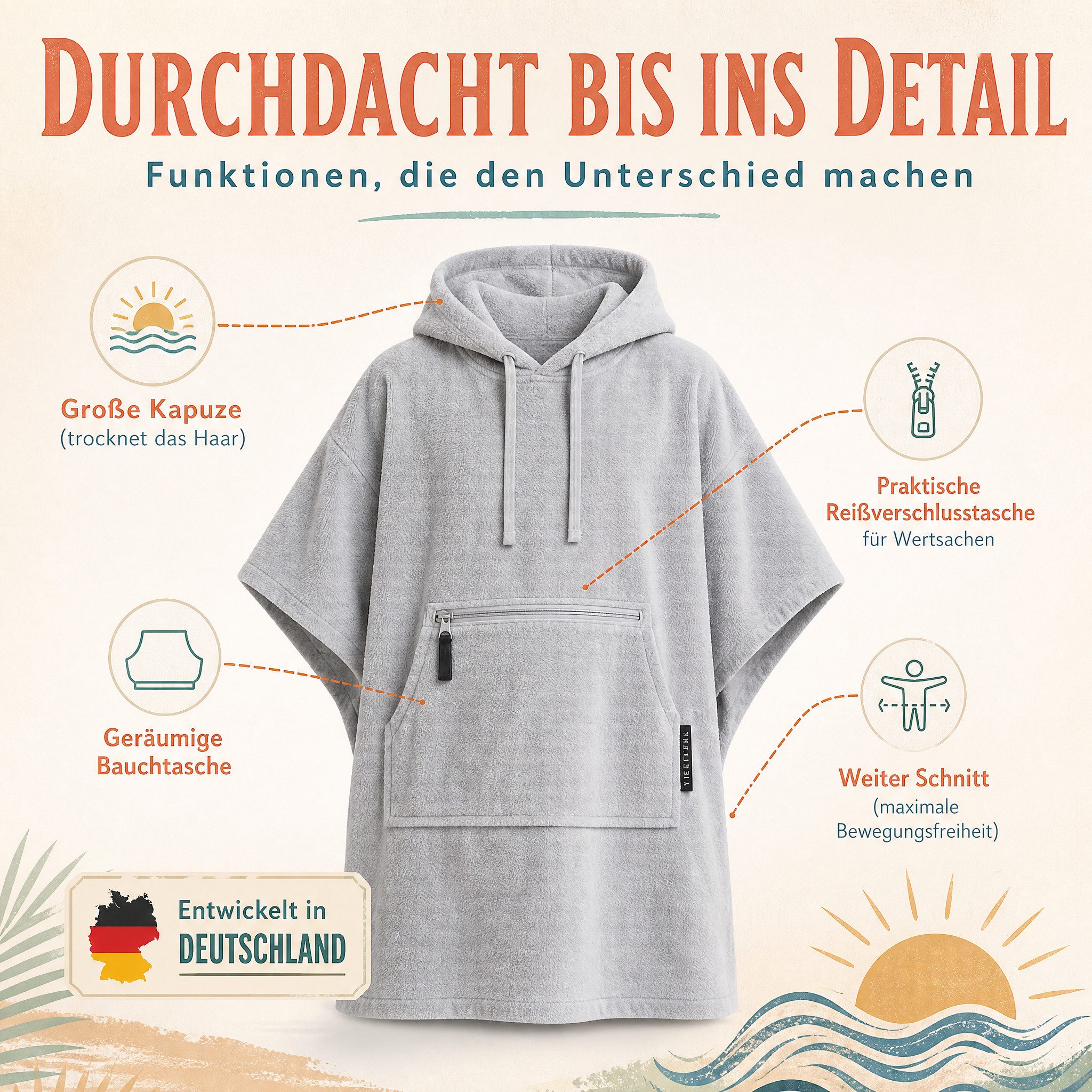 SIEGENTHAL Badetücher SIEGENTHAL® Strandponcho für Damen, Herren & Kinder aus Baumwolle, Integrierte Reißverschlusstasche für Wertsachen
