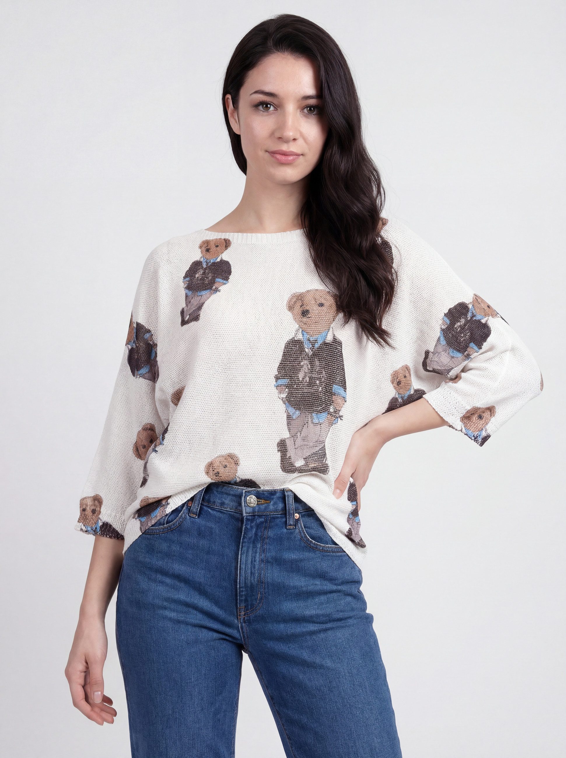 PEKIVESSA Strickpullover Fledermauspullover mit Teddybär-Allover-Print mit U-Boot-Ausschnitt
