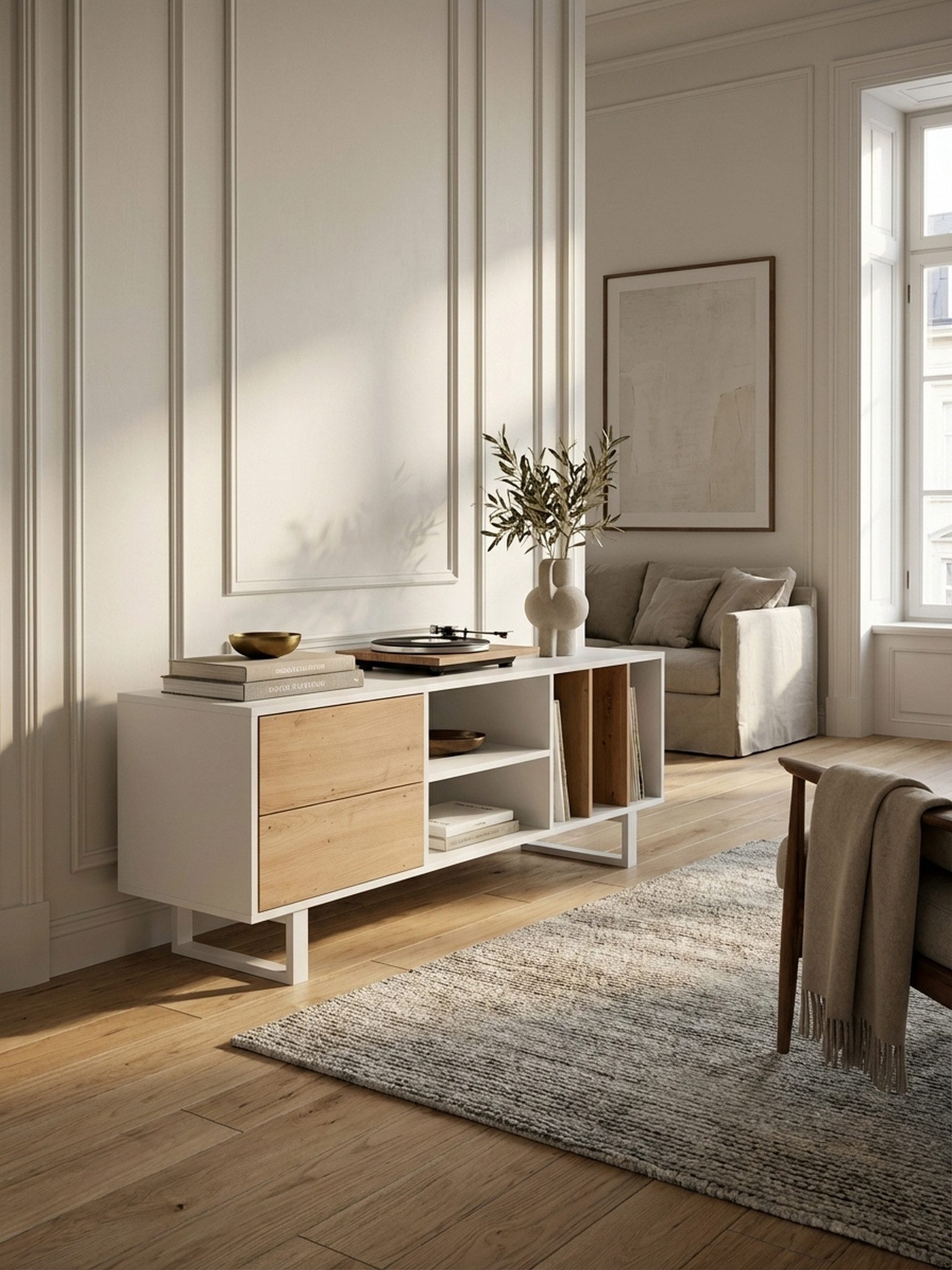 KADIMA DESIGN Lowboard Lowboard Weiß mit Eiche-Dekor 150x55x40 cm TV-Kommode Modern, Design (Fernsehkommode Wohnzimmer), TV-Schrank Hoch, Fernsehtisch Fernsehschrank mit Schubladen & Regal