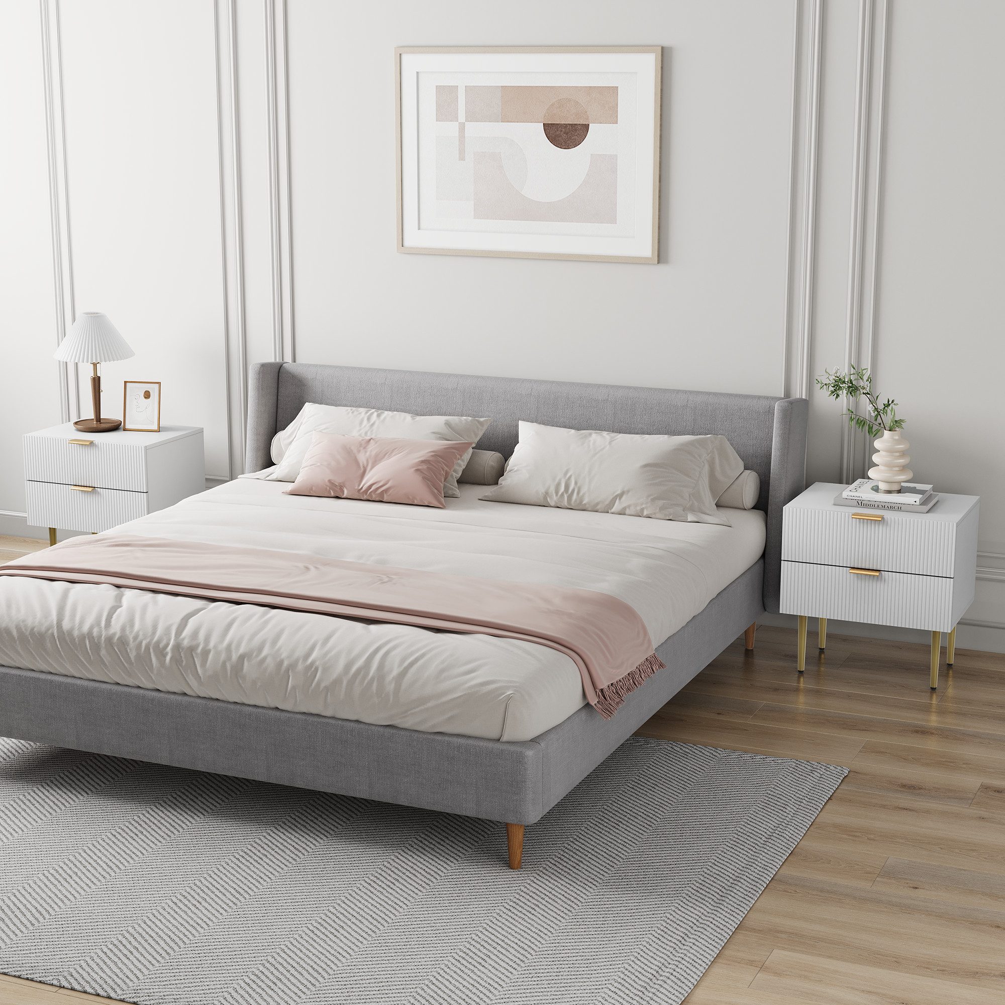 REDOM Nachttisch Kommode,Nightstand (Moderner Weißer Nachttisch mit 2 Schubladen und Metallbeinen – Eleganter Nachttisch für Schlafzimmer, robuster Stauraum., 1-St., 53 x 41,5)