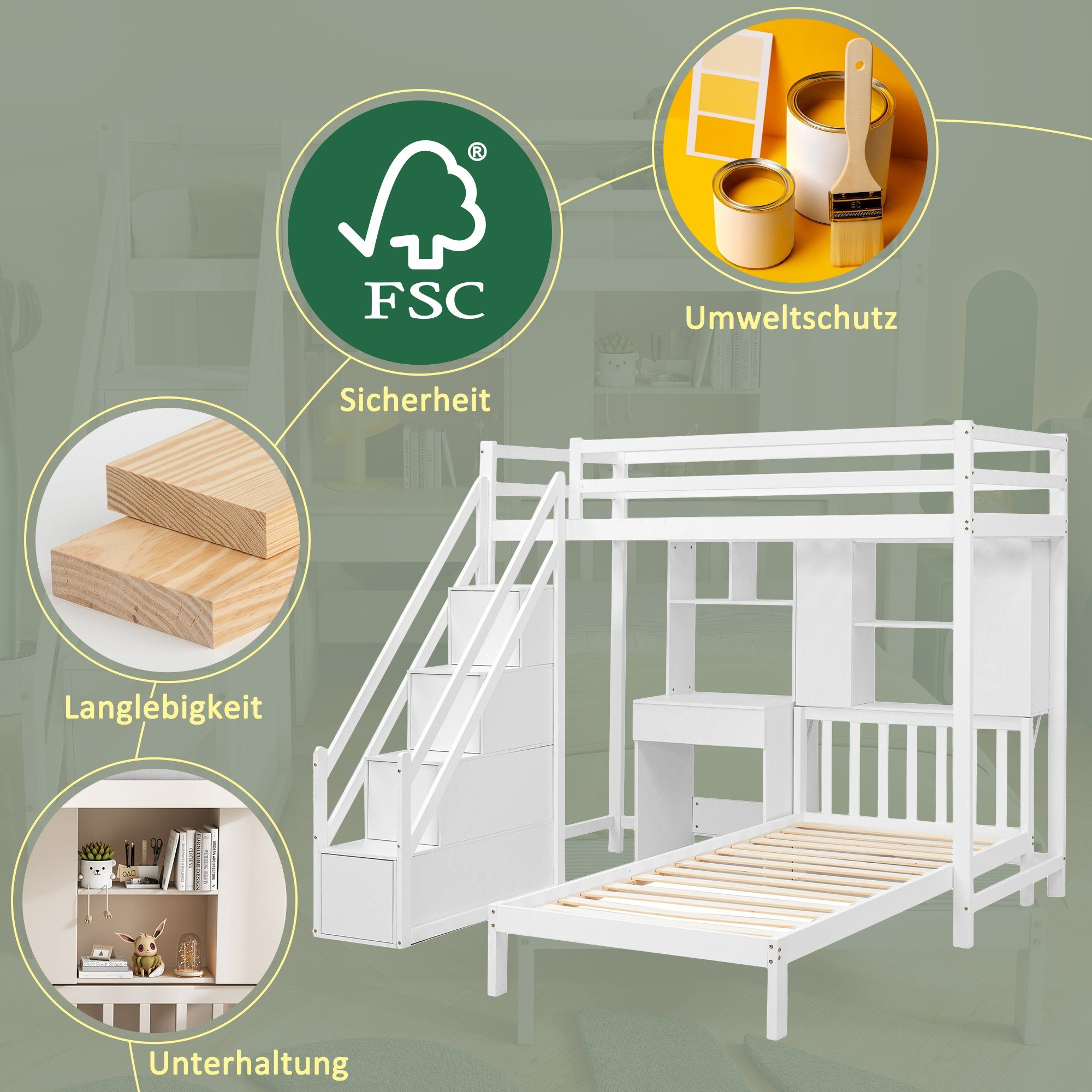 Flieks Etagenbett, Kiefernholz Kinderbett mit und Schreibtisch 90x200cm Treppe