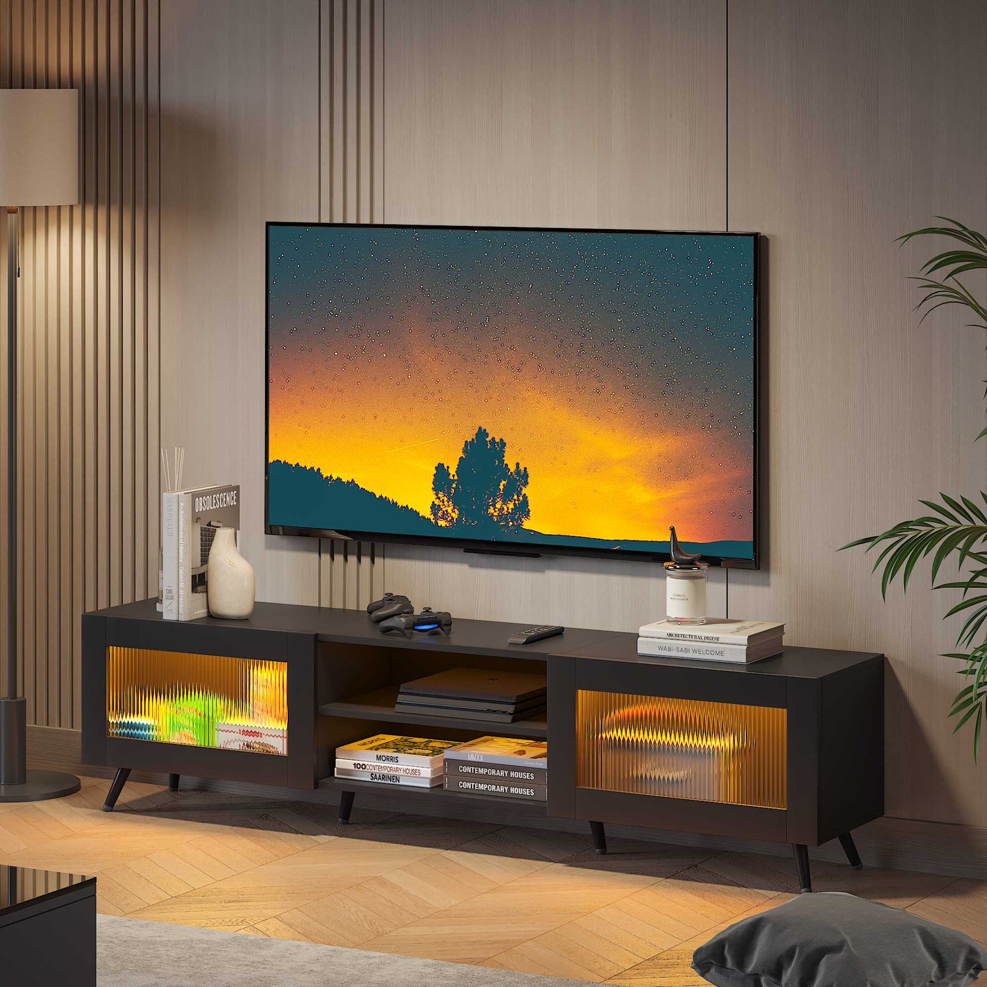 radelldar Lowboard mit LED-Beleuchtung und 2 Acryltüren, 160 x 29 x 40cm (1 St), TV-Schrank für Fernseher bis 70 Zoll