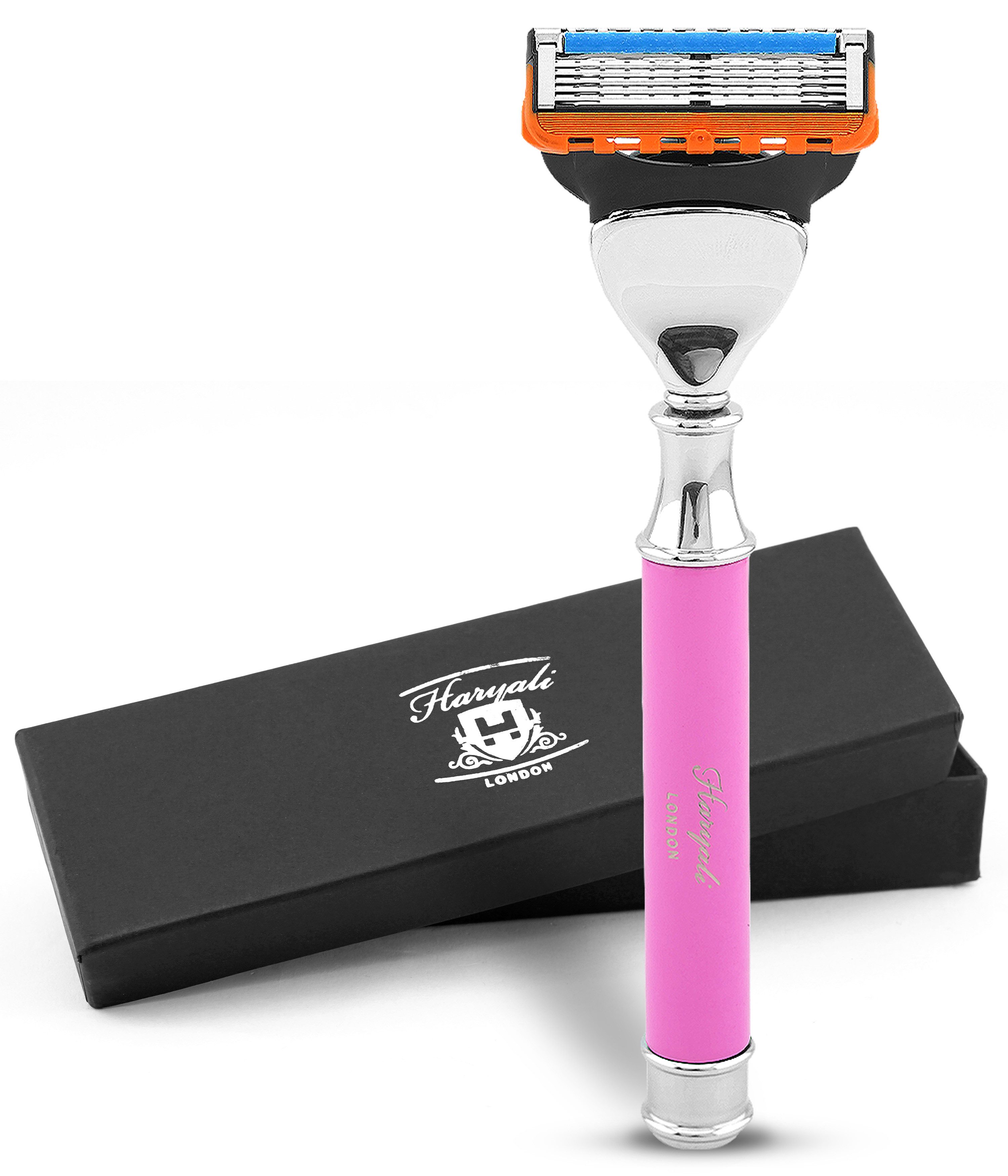 Haryali London Nassrasierer 5-Klingen-Rasierer für Damen, Rasierer für Körper und Gesicht, Pink, Pack, Rasiermesser mit Klinge und hochwertiger messing-silberner Oberfläche, Abwaschbarer, rutschfester Griff. Passt auf alle Mach 3-Rasierer.
