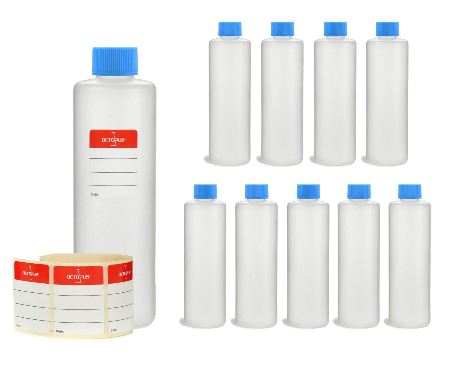 OCTOPUS Kanister 10 Plastikflaschen 250ml, rund mit blauen Deckeln