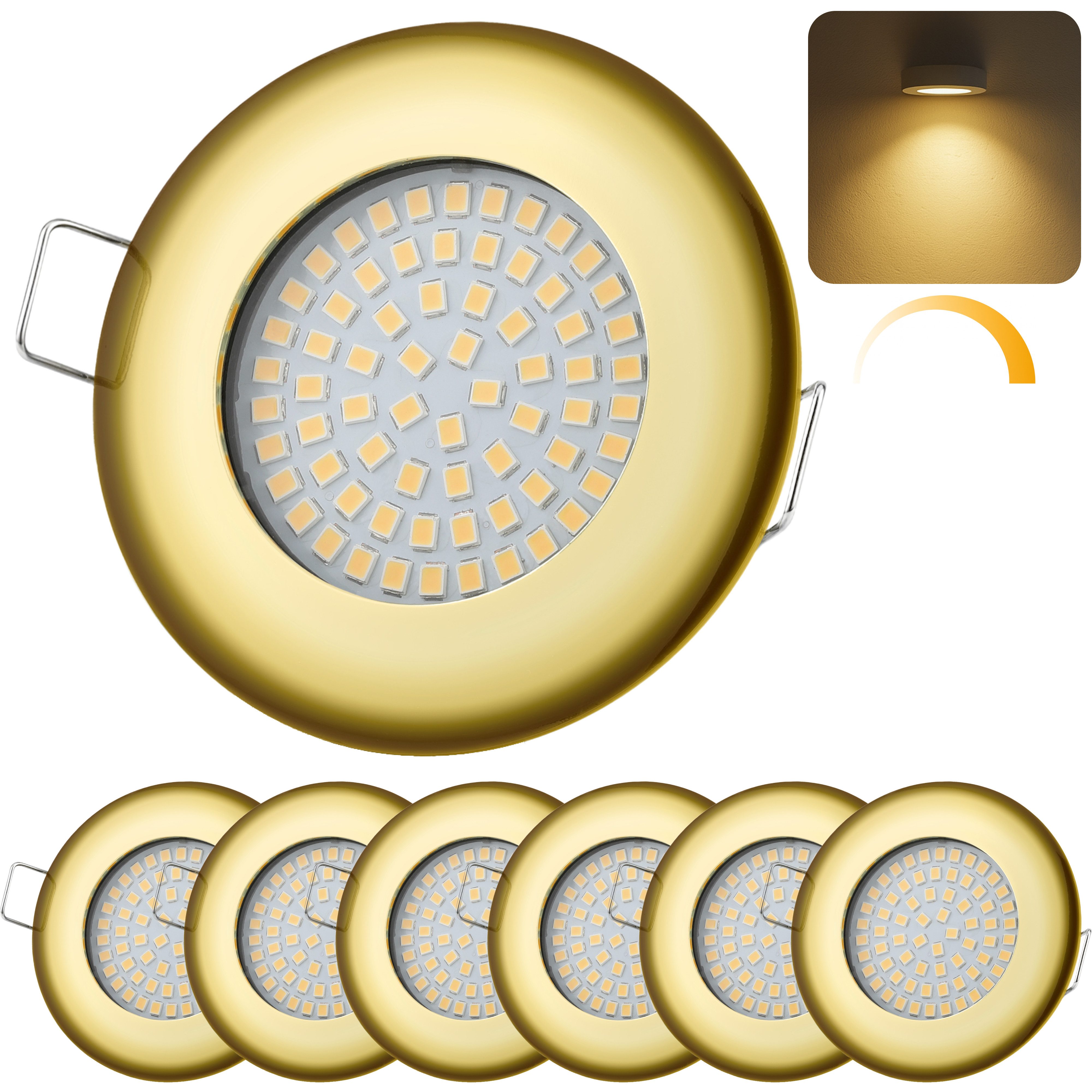 Sweet LED LED Einbaustrahler 6er Set Gold 5W Dimmbar 230V 3000K Flach Deckenspots Rund Ø65–68, Dimmfunktion, 3000K - warmweiß, Deckenspots, Deckenstrahler,Einbauleuchten
