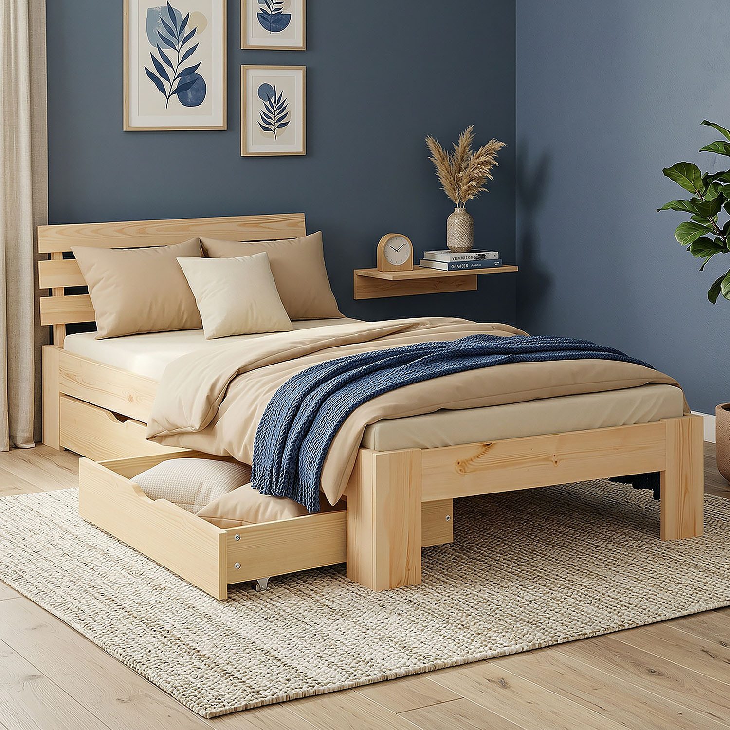 Homestyle4u Holzbett 90x200 140x200 160x200 180x200 Bettkasten Lattenrost Natur Weiß Grau (Set, mit Lattenrost und 2 Bettkästen, Stauraumbett), 90x200, Kiefer, mit Stauraum, klar lackiert, schlicht