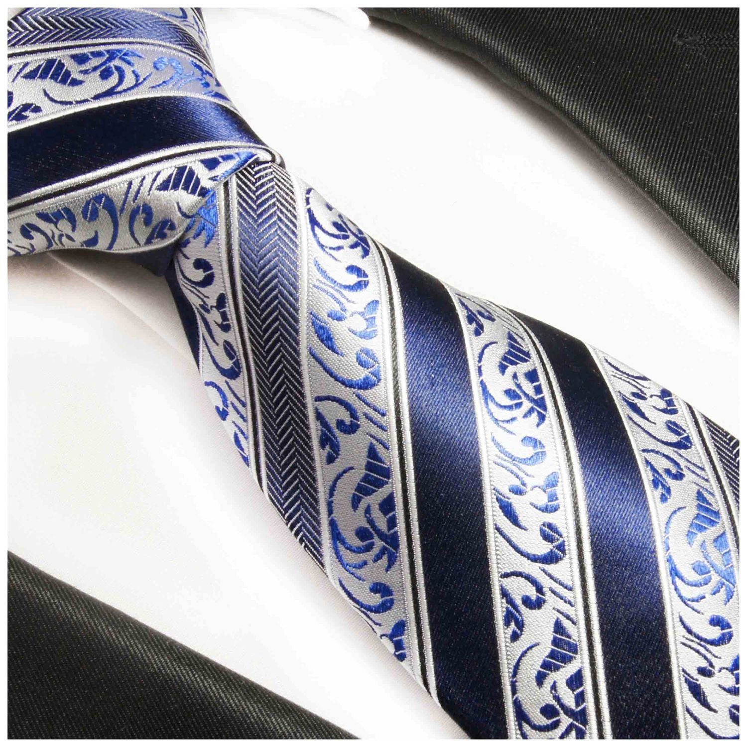 barock (8cm), Seide blau Krawatte Herren 855 Schlips Breit Seidenkrawatte Malone Designer gestreift 100% Paul