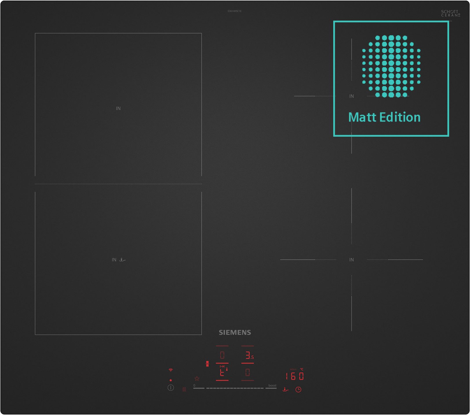 SIEMENS Induktions-Kochfeld iQ500 ED61AHSC1E, Moderne matte Optik: 5x weniger sichtbare Kratzer