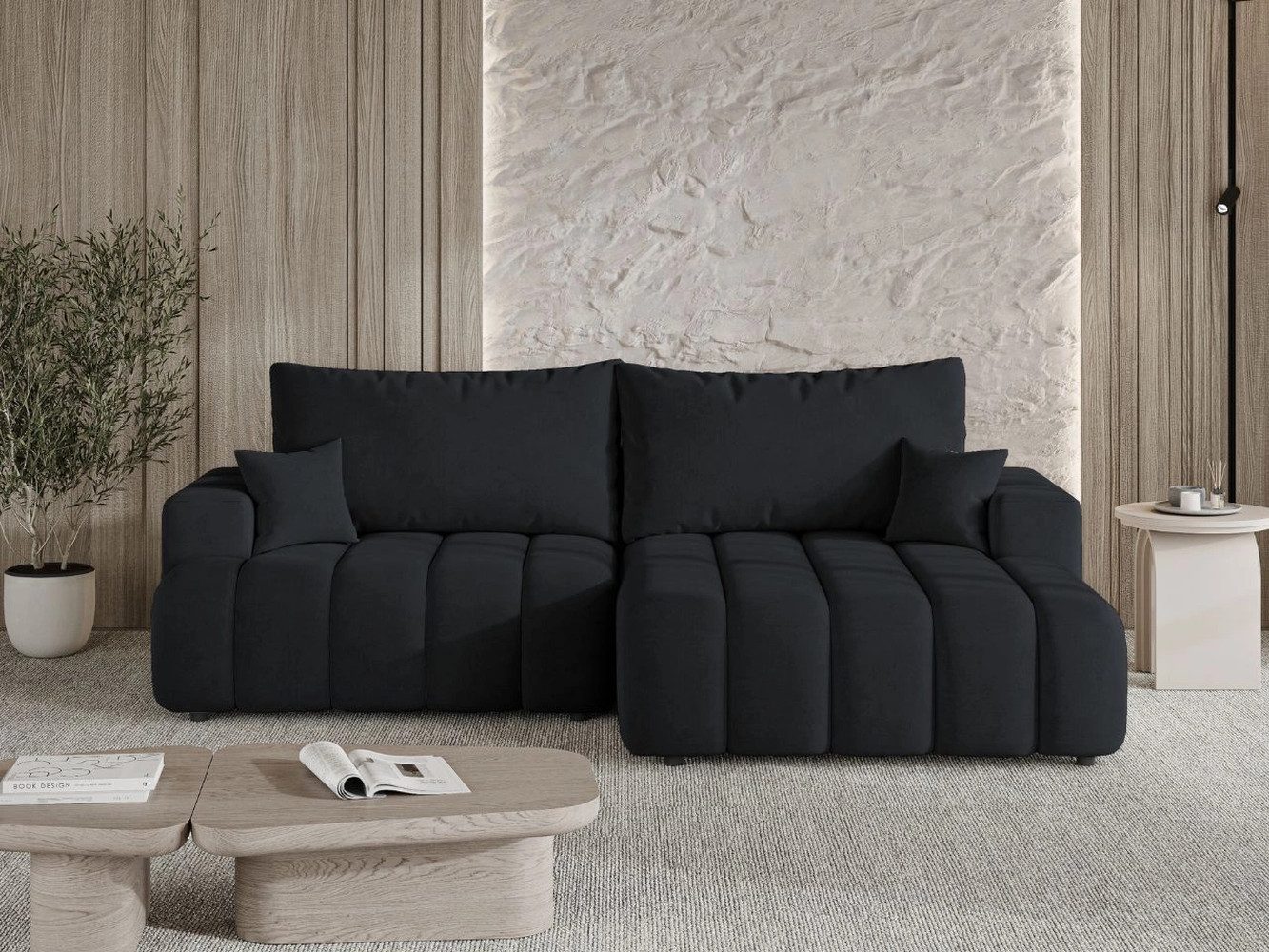GrainGold Ecksofa mit Schlaffunktion und Bettkasten CALEO L - 270x170 cm, Schwarz, Wellenfedern, T30-Schaum