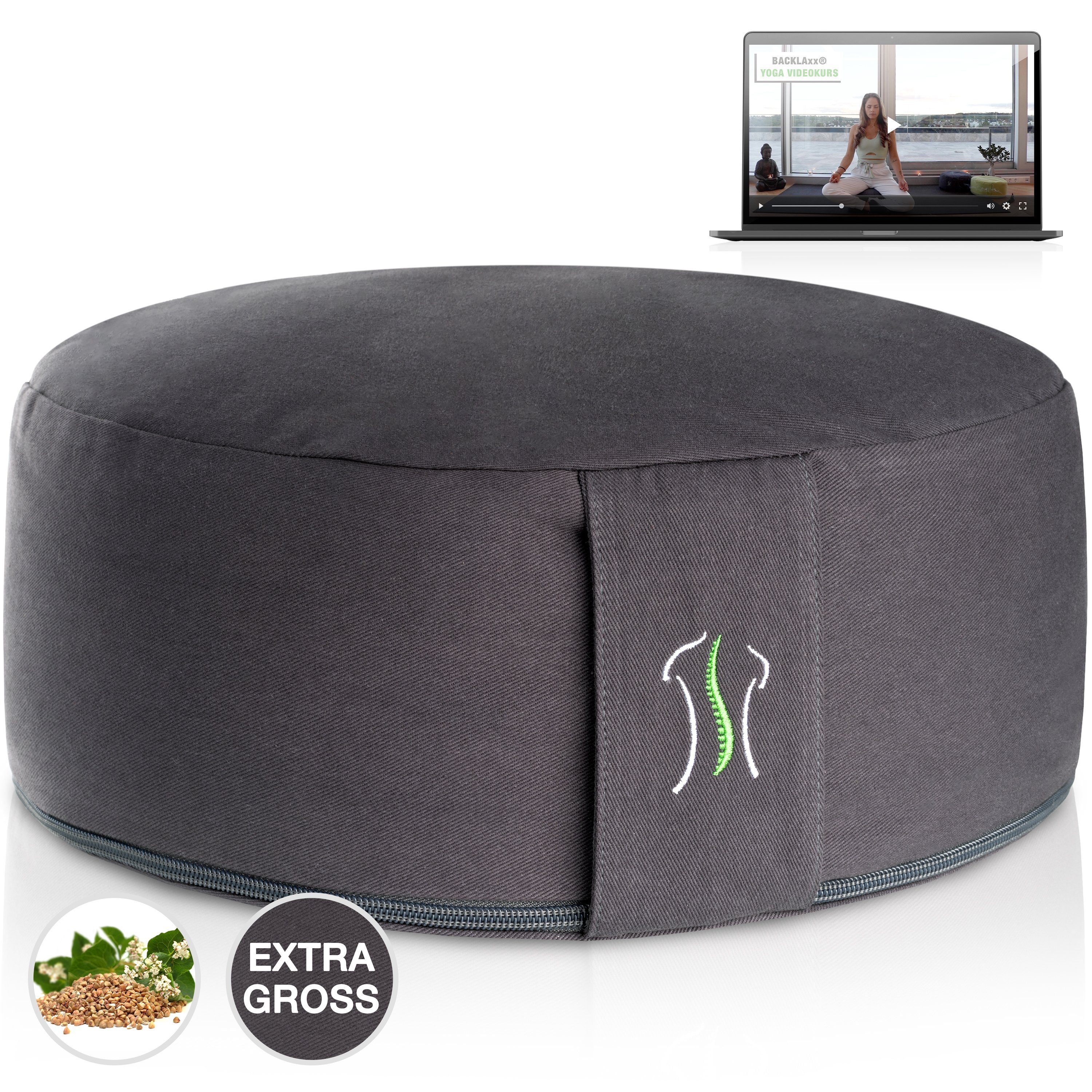 BACKLAxx® Meditationskissen rund 35 cm XL – Yoga Kissen mit formstabiler Buchweizenfüllung, für Meditation & Entspannung – Sitzkissen
