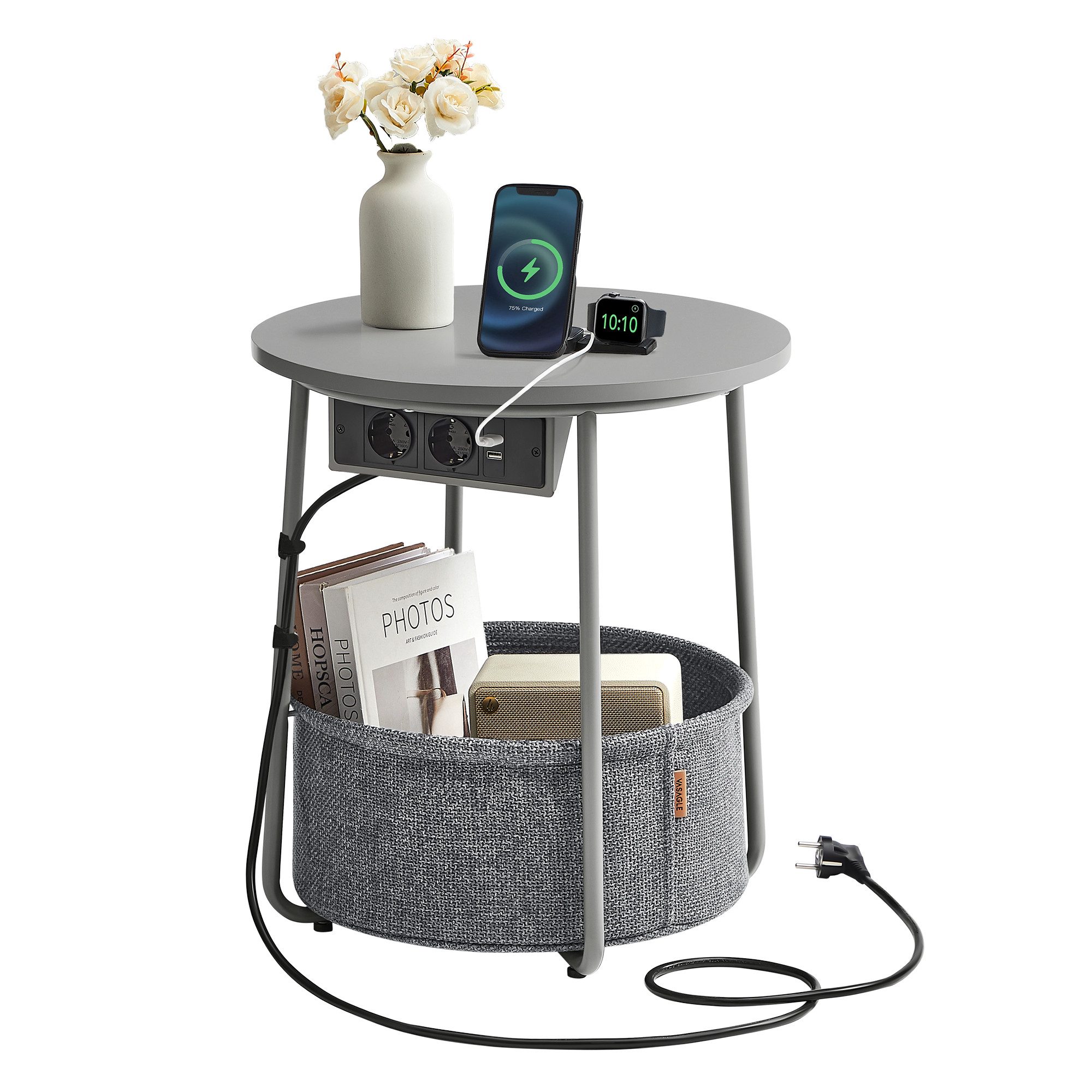 VASAGLE Beistelltisch, rund, mit Steckdose, USB-Anschlüsse, mit Korb aus St günstig online kaufen