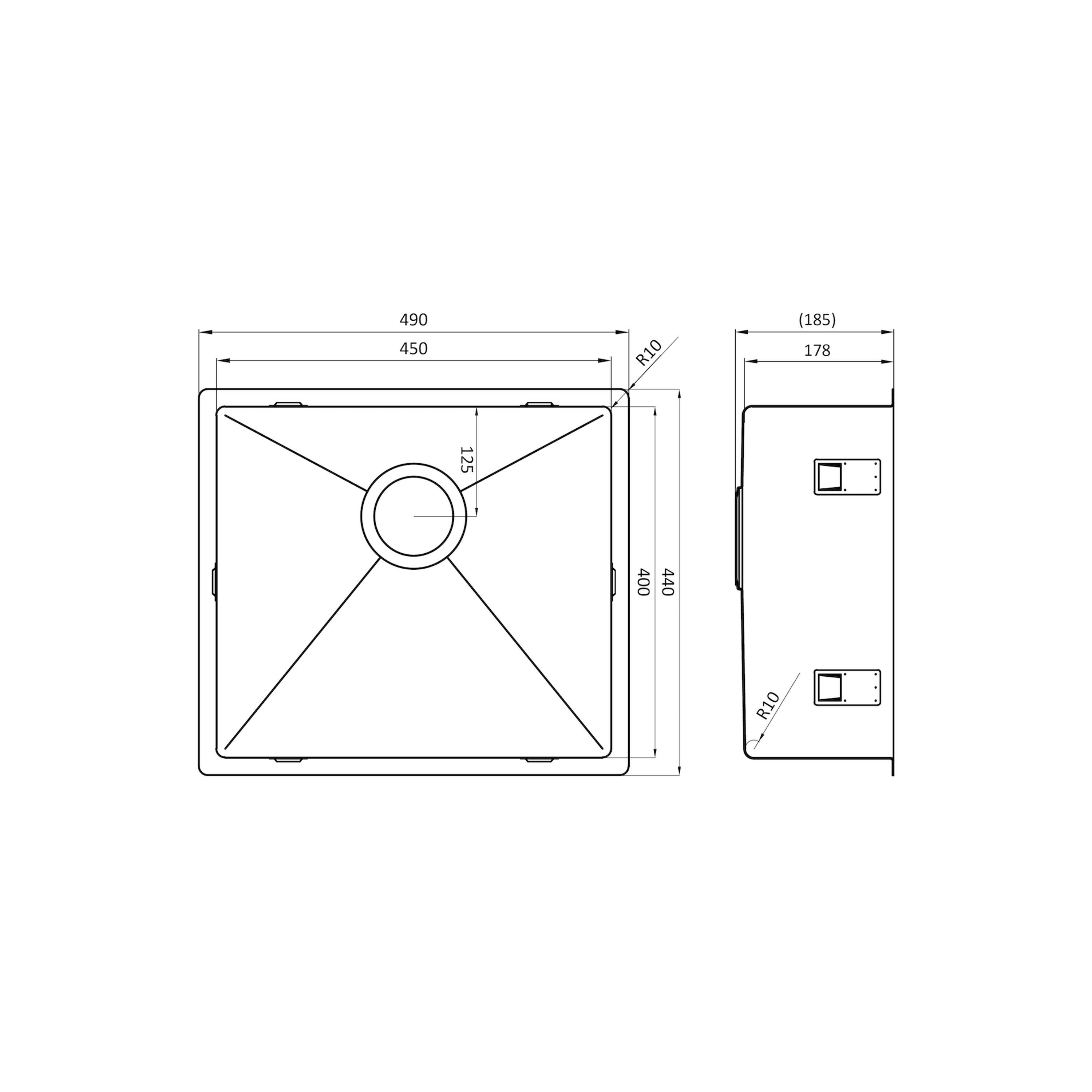togo Küchenspüle 45R, quadratisch, flacher, Boden geradliniger 44/44 cm