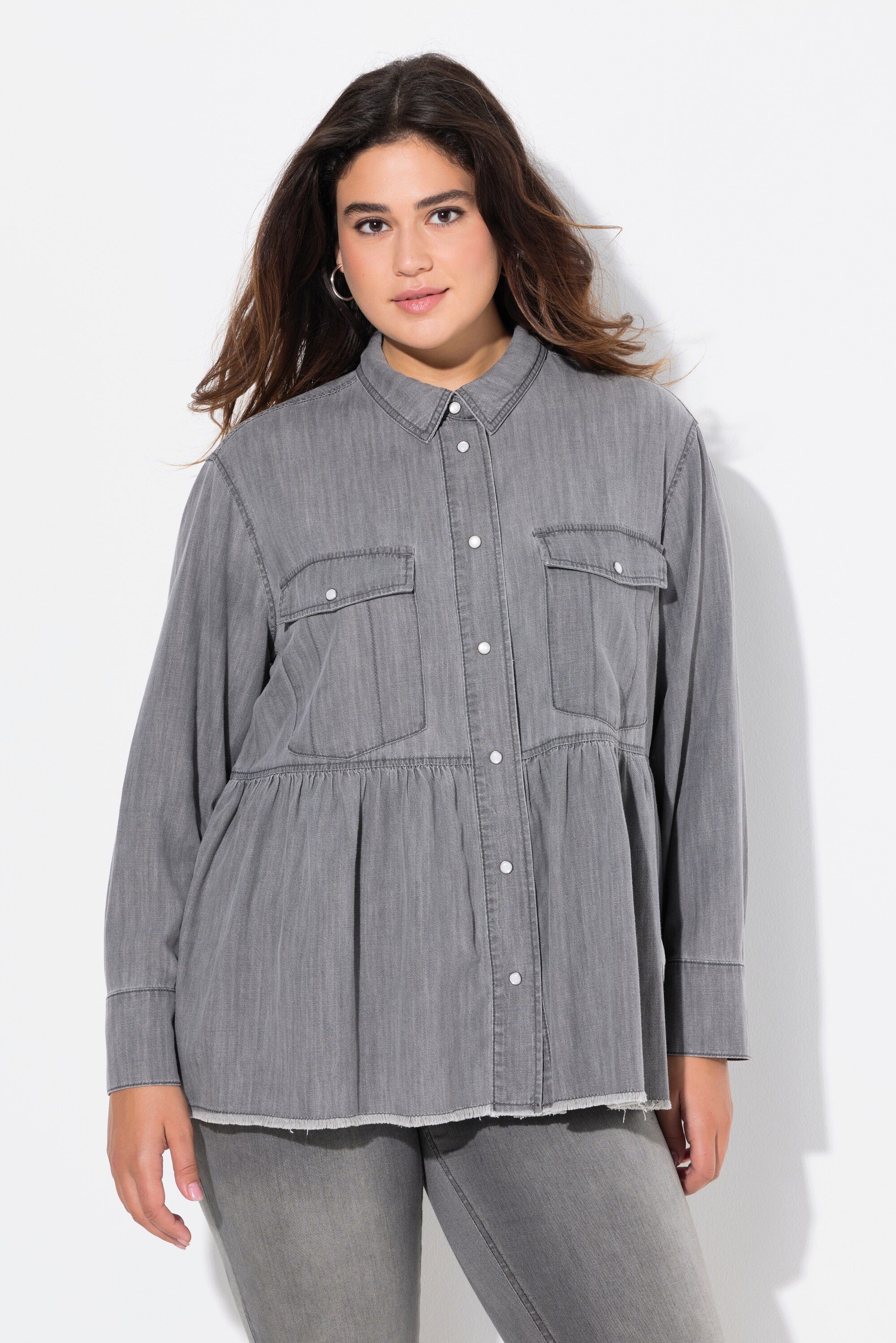 Longbluse Jeansbluse Volant A-Linie Hemdkragen Langarm