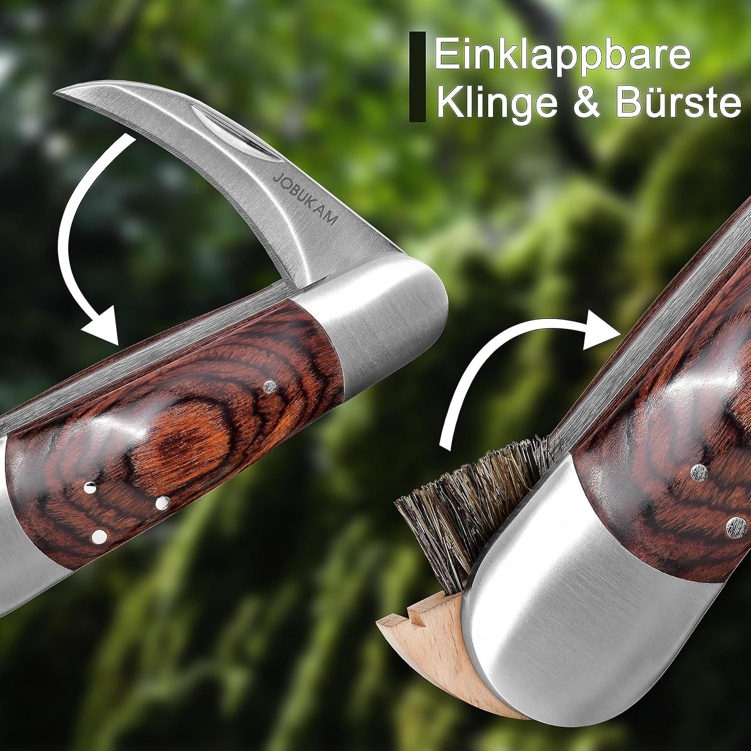 JOBUKAM Allzweckmesser Pilzmesser mit Bürste 19,3cm im ausgeklappten Zustand, Schwammerlmesser aus hochwertigen Edelstahl