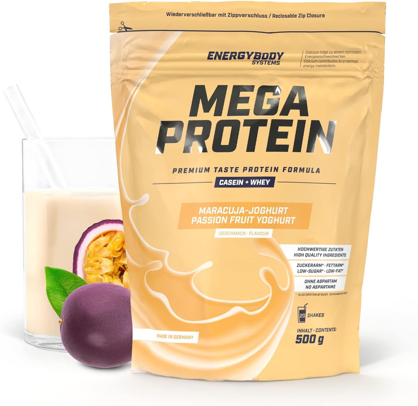 Energybody Systems Mega Protein Pulver, Whey und Casein Eiweißpulver, super cremig lecker, aspartamfrei