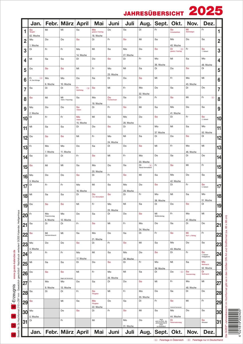 GÜSS Kalender Plakatkalender Jahresübersicht A4 12 Monate Kalendarium 2026