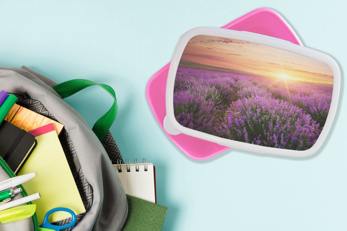 MuchoWow Lunchbox Lavendel Brotbox (2-tlg), für Blumen, - Mädchen, Sonne - Snackbox, Kunststoff, Brotdose Kunststoff Erwachsene, rosa Kinder