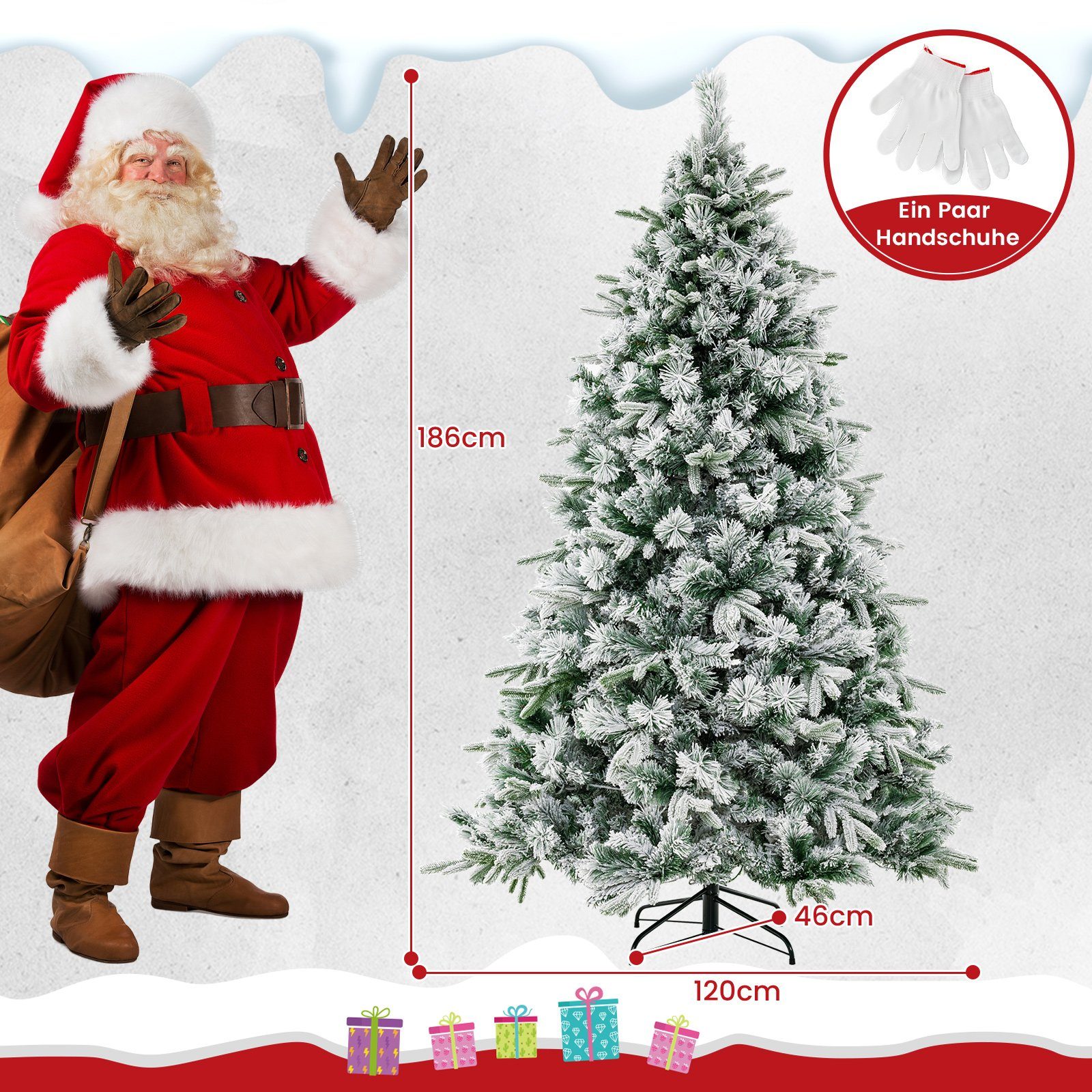 COSTWAY Künstlicher Weihnachtsbaum, mit Schnee, LEDs & 752 Zweigspitzen, 186cm