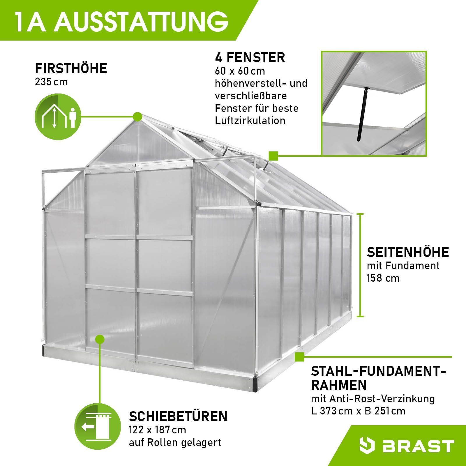 BRAST Gewächshaus ALU mit Fundament rostfrei 380x250x235cmTÜV geprüft, BxTxH: 250 x 380 x 235 cm, wetterfestes hochwertiges Aluminium, Temperaturbeständig, Wärmedämmend, Lichtbrechend & UV-stabilisiert