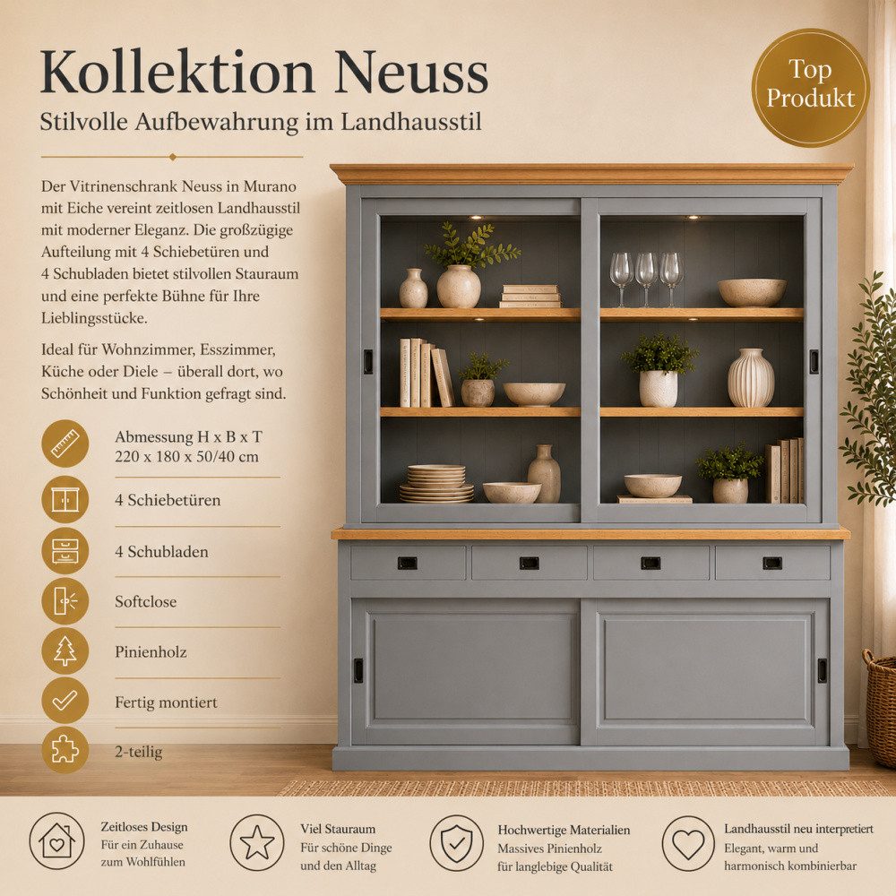 Wohnpalast Vitrine Vitrinenschrank Neuss 180 cm murano mit Eiche – Landhaus Schrank