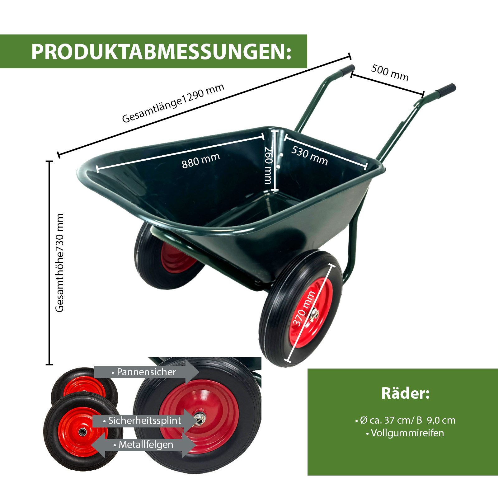 Thumbnail - TRUTZHOLM Schubkarre 2-Rad 100L 160kg Tragkraft Kunststoffwanne PU Vollgummirad Stahlfelge, Stabil,Rostfrei,Schlagfest