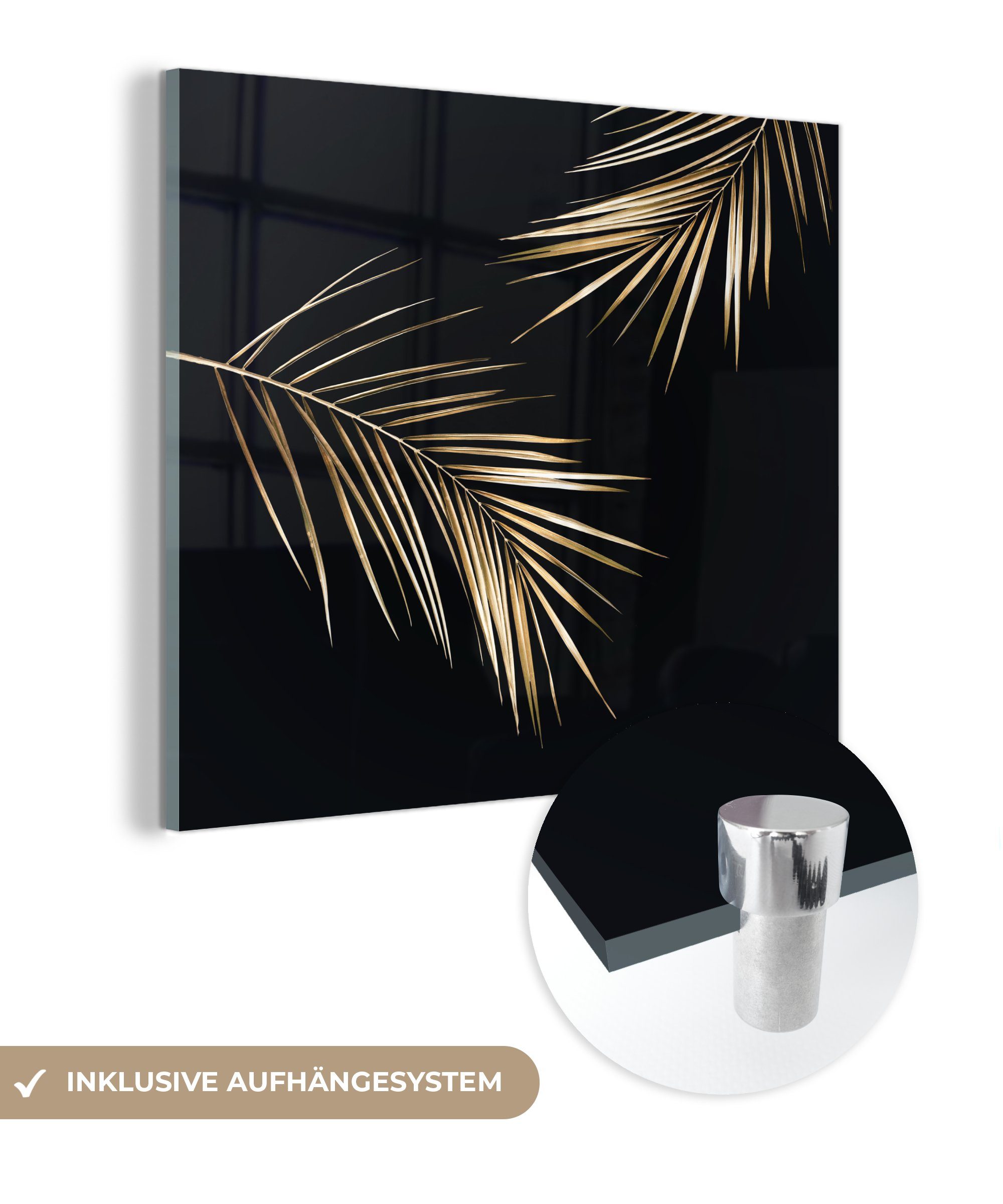 MuchoWow Acrylglasbild Blätter - Pflanzen - Gold - Schwarz - Luxus, (1 St), Glasbilder - Bilder auf Glas Wandbild - Foto auf Glas - Wanddekoration bunt