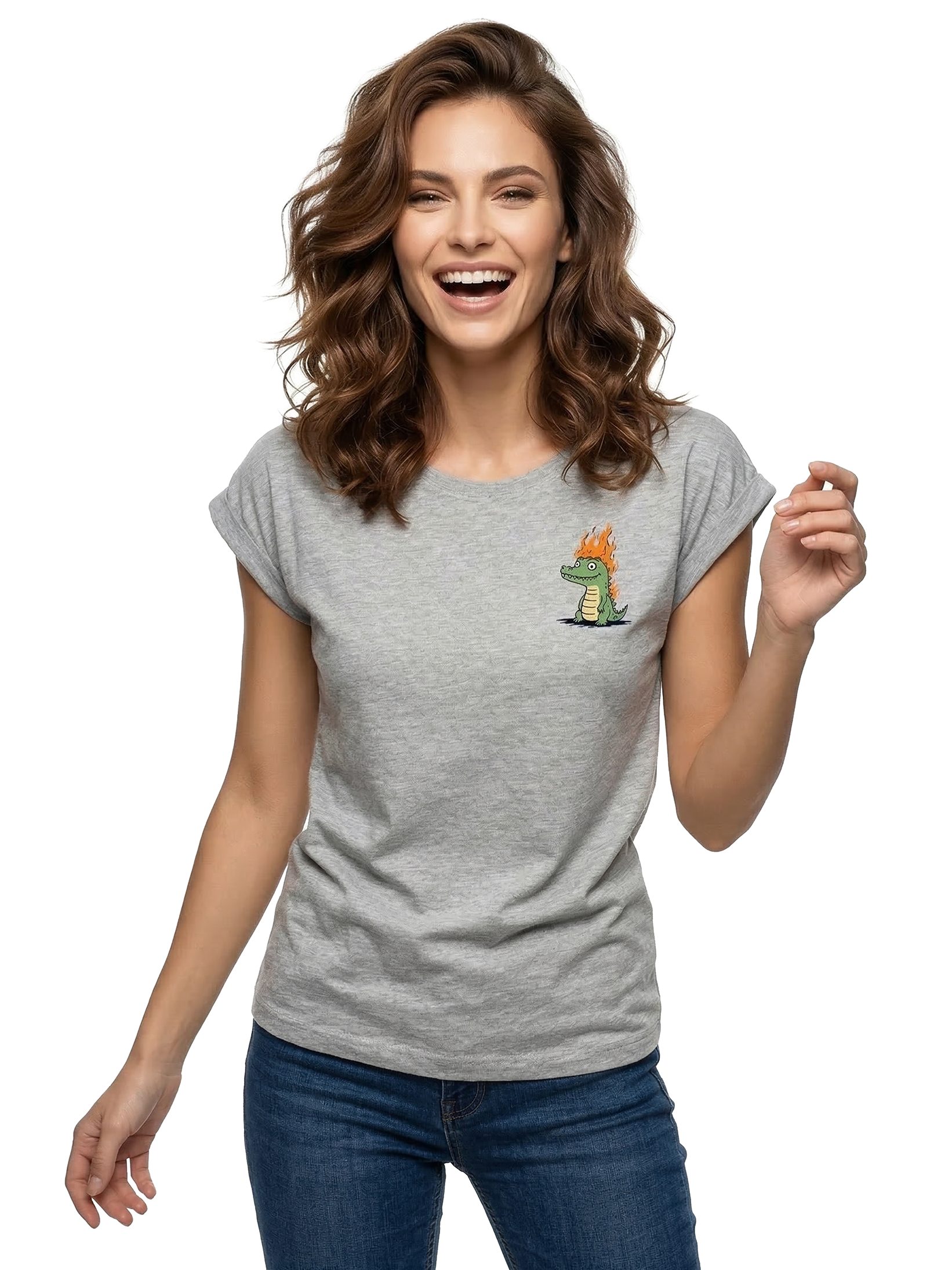 MAKAYA T-Shirt Damen Top mit Drachenmotiv – kleiner Herzprint, Krokodil (Schwarz, Blau, Dunkelgrau, Grün, Hellgrau, Rosa, Weiß, 34, 36, 38, 40, 42, 44, 46, 48, 50) Baumwolle