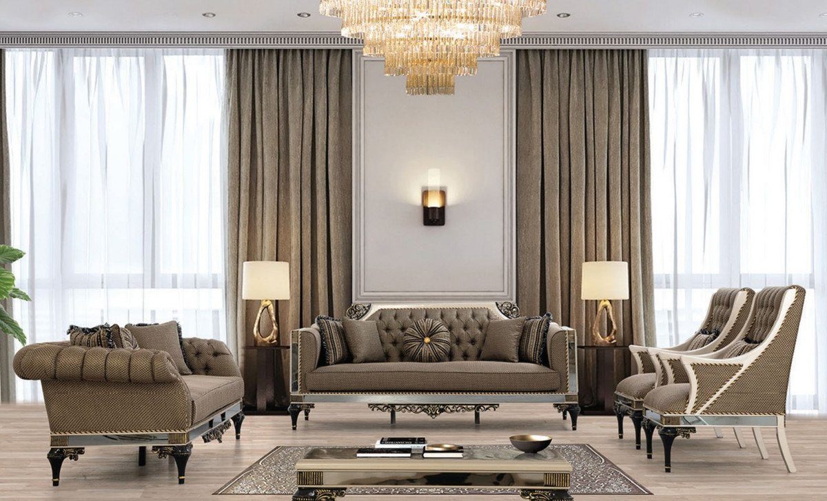 Wohnzimmer Chesterfield Luxus Sofa Barock mit Prunkvolles dekorativen Gold - / Sofa Padrino Chesterfield-Sofa - Möbel / Braun / Wohnzimmer Kissen Barock Casa Weiß Schwarz