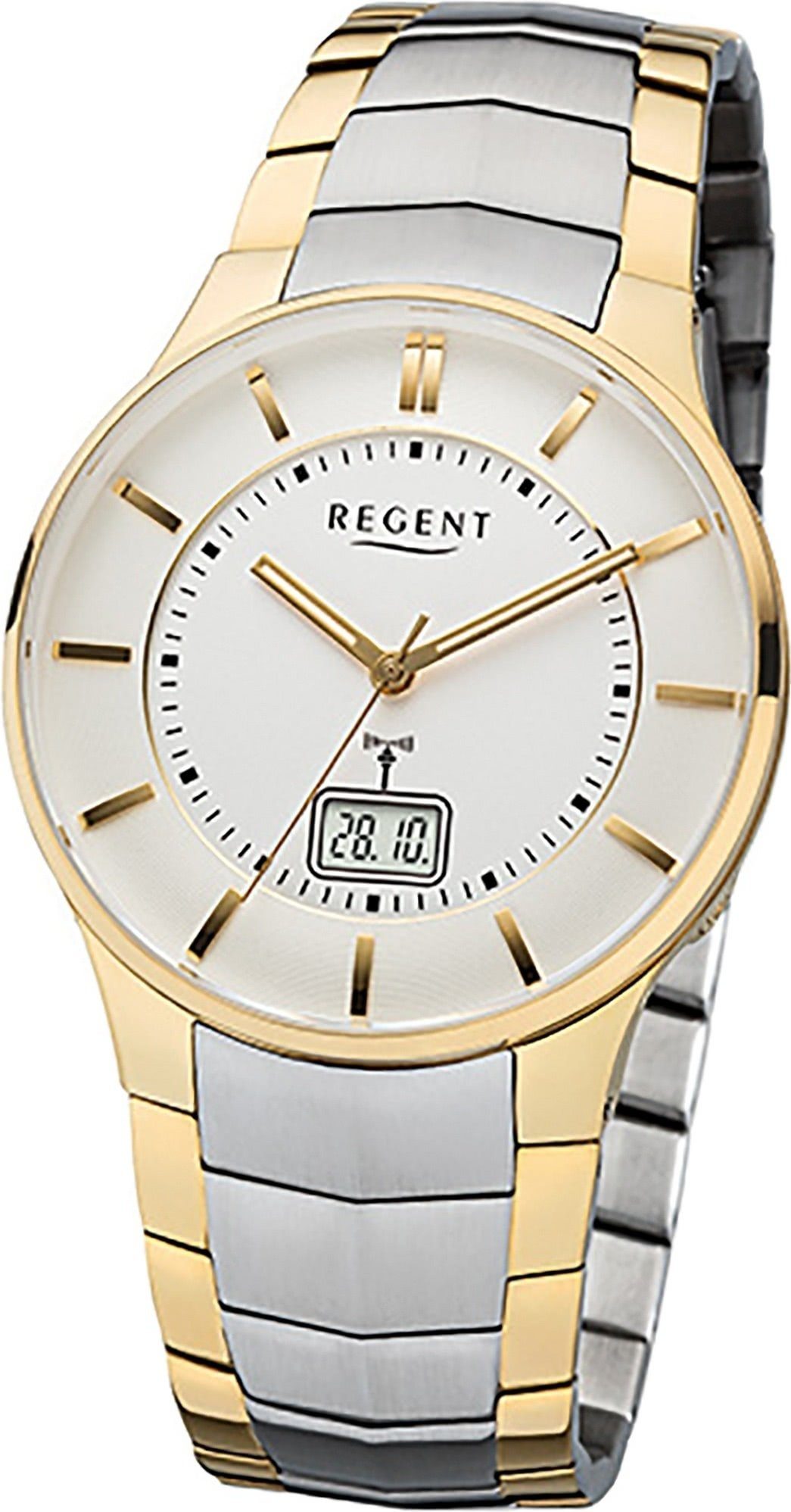 Regent Funkuhr Regent Edelstahlarmband, (ca. Herrenuhr Gehäuse Herrenuhr rundes Funkuhr, Edelstahl FR213 Elegant-Style 39mm)