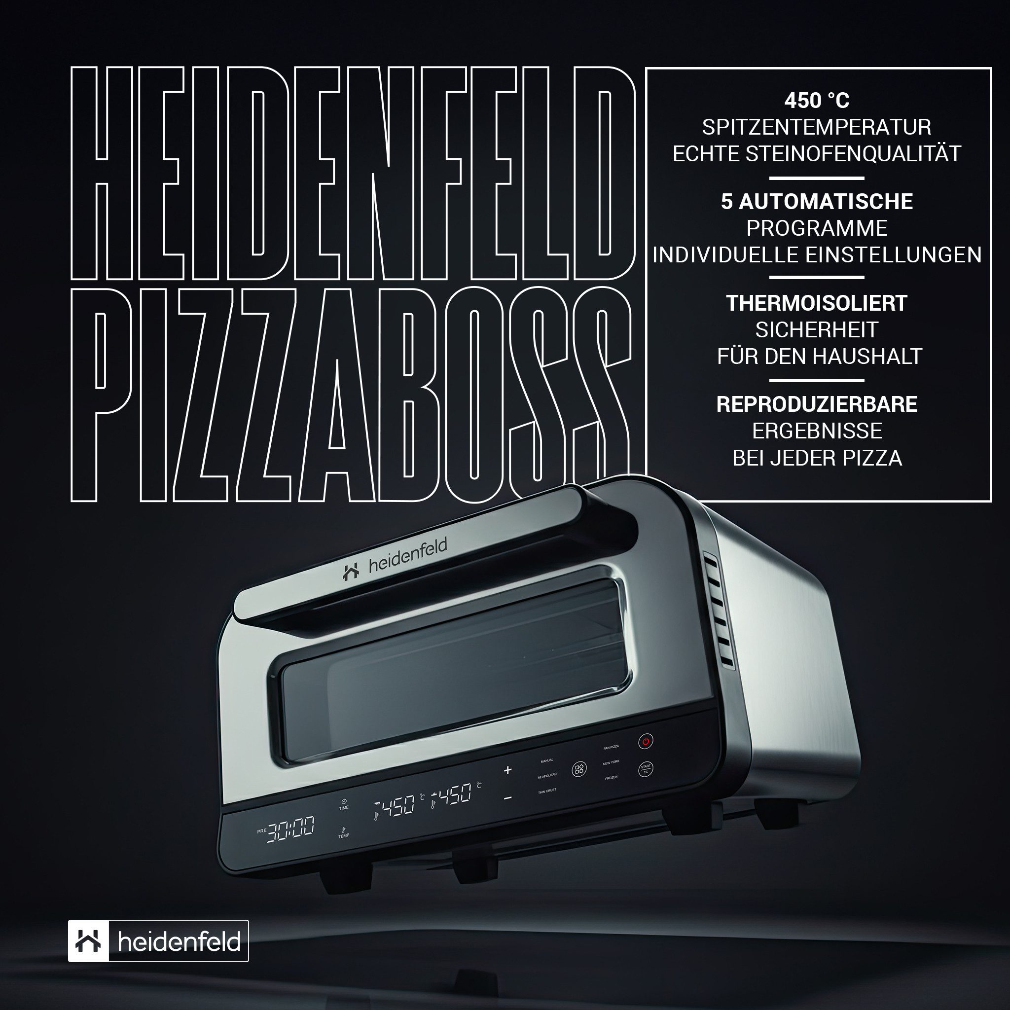 Heidenfeld Pizzaofen Pizzaofen Pizzaboss bis 450 °C inkl. Pizzaschieber & Rezeptbuch, Pizzaofen mit Pizzastein, elektrischer Pizzaofen
