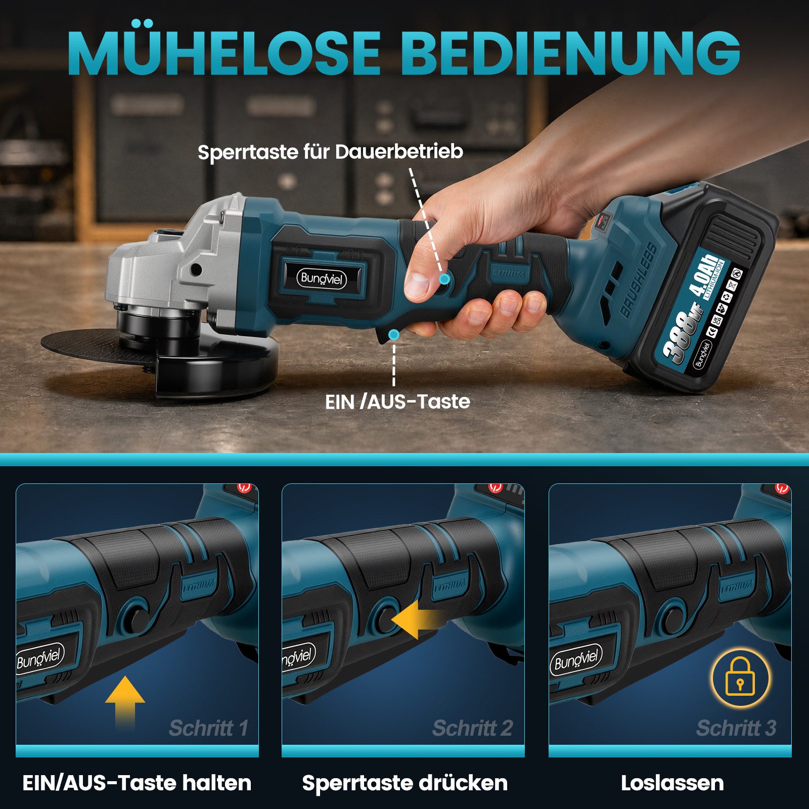 Bundviel Akku-Winkelschleifer Elektrischer Winkelschleifer 21V Bürstenloser Motor Trennschleifer, max. 12000 U/min, 12000 U/min, Ø 125mm inkl. 2×4,0Ah Akku und  – Bild 5 von 5