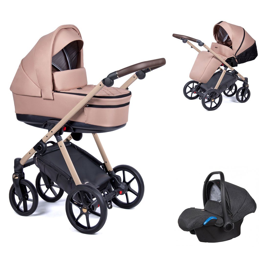 babies-on-wheels Kombi-Kinderwagen 3 in 1 Kinderwagen-Set Axxis - 15 Teile - in 24 Designs Beige = Gestell beige