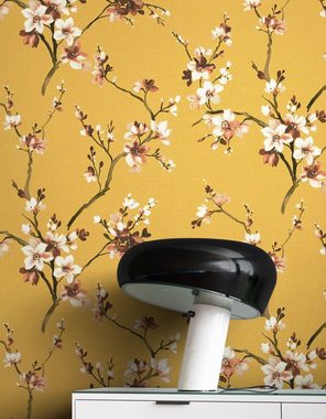 Newroom Vliestapete, Gelb Tapete Floral Blumen - Blumentapete Romantisch Modern Blätter Zweige für Wohnzimmer Schlafzimmer Flur