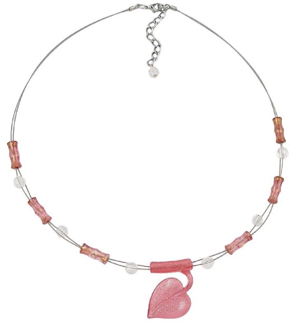 unbespielt Collier Drahtkette mit Kunststoff-Perlen in Blattform Rosa-Flitter 45 cm, Modeschmuck für Damen