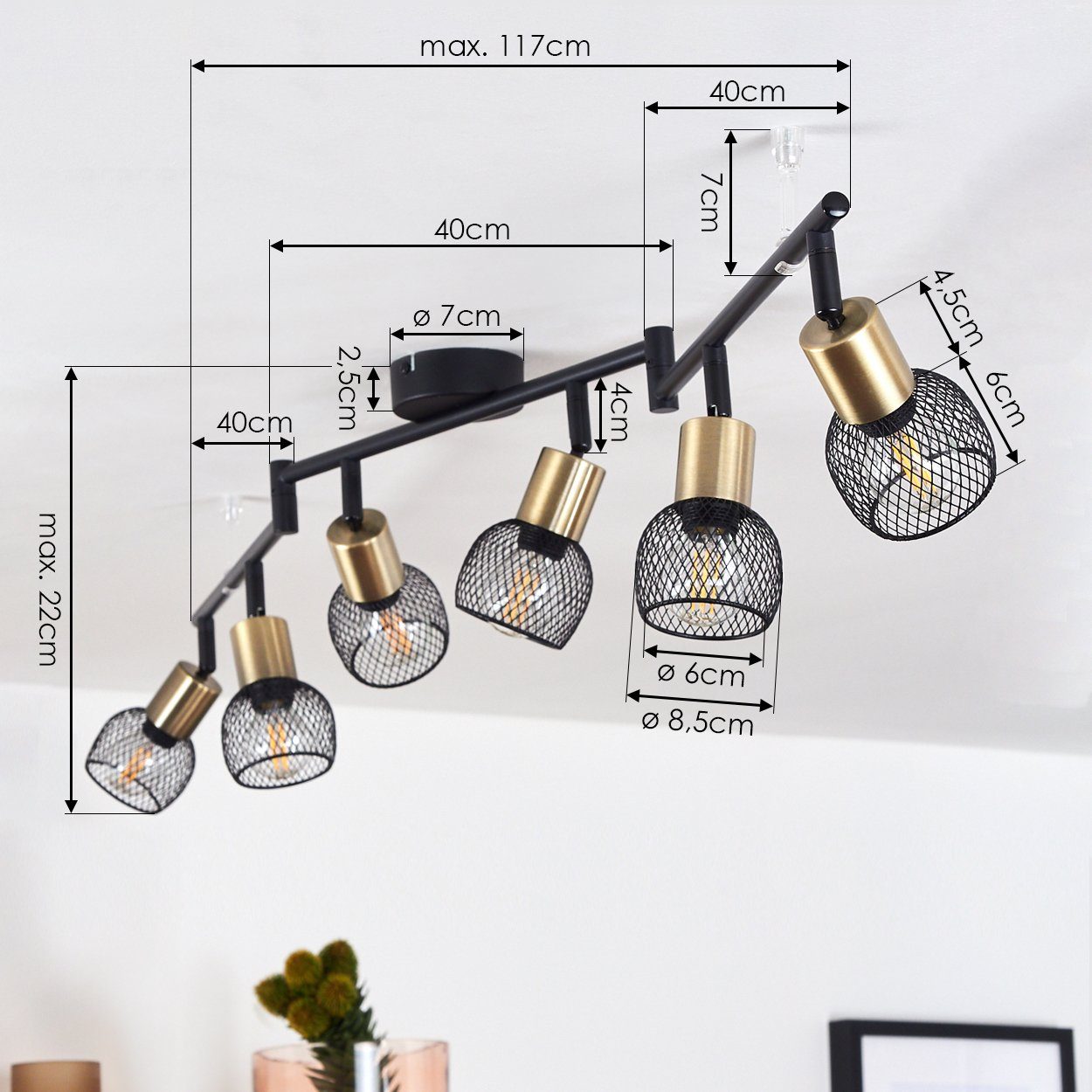 hofstein Deckenleuchte »Pieve« Deckenlampe aus Metall schwarz, gold Zimmerlampe 6-flammig, ohne Leuchtmittel, 6xE14, Leuchtarme sind beliebig schwenkbar – Bild 4 von 5