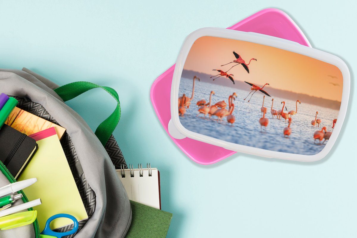 für MuchoWow Sonnenuntergang Lunchbox Kinder, Rosa, Flamingo Brotdose Kunststoff Vogel - Mädchen, Snackbox, Erwachsene, (2-tlg), - Brotbox Kunststoff, Wasser - -