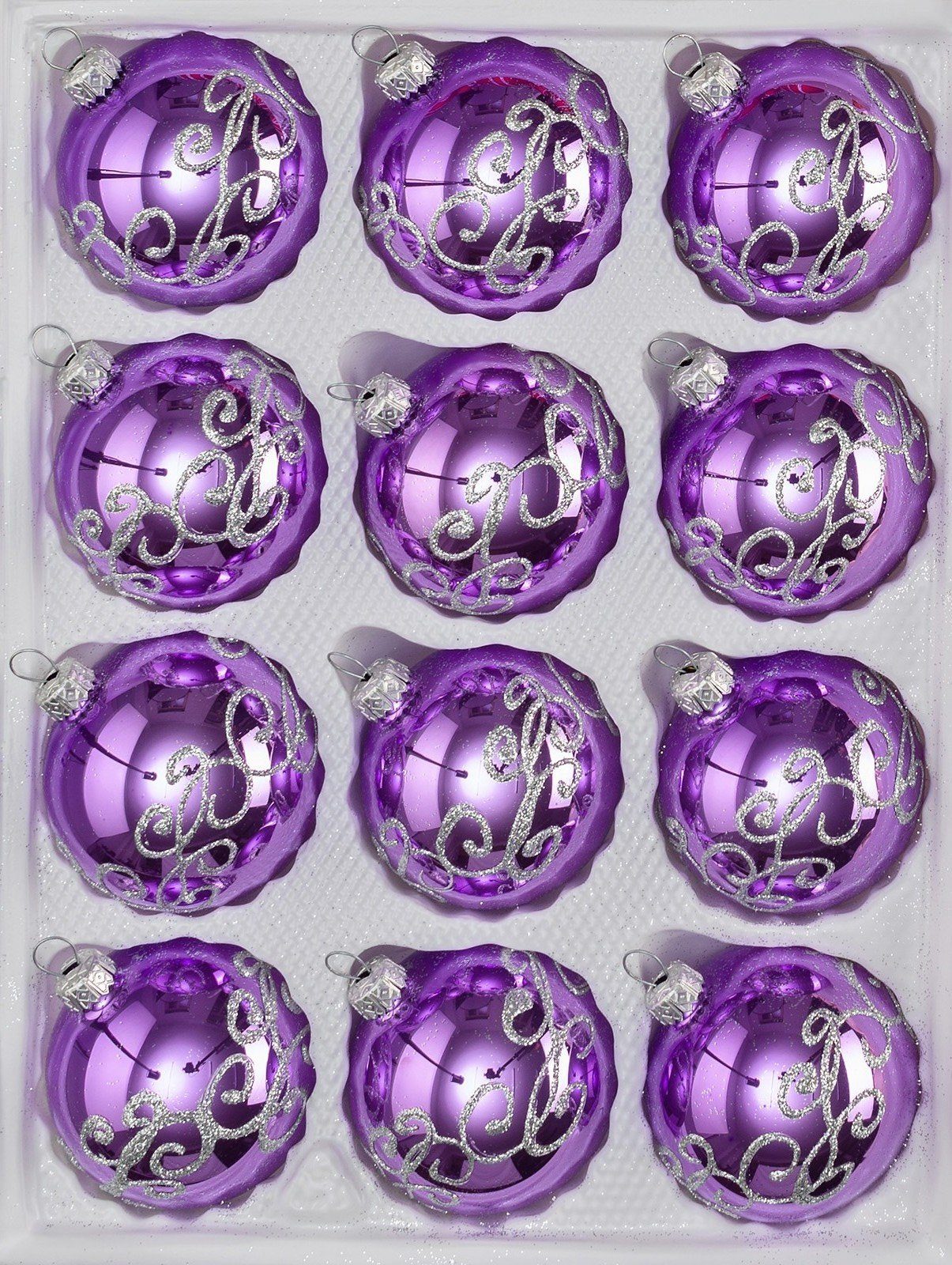 Navidacio Weihnachtsbaumkugel 12 tlg. Glas-Weihnachtskugeln Set "Hochglanz-Lila-Silberne-Ornamente"
